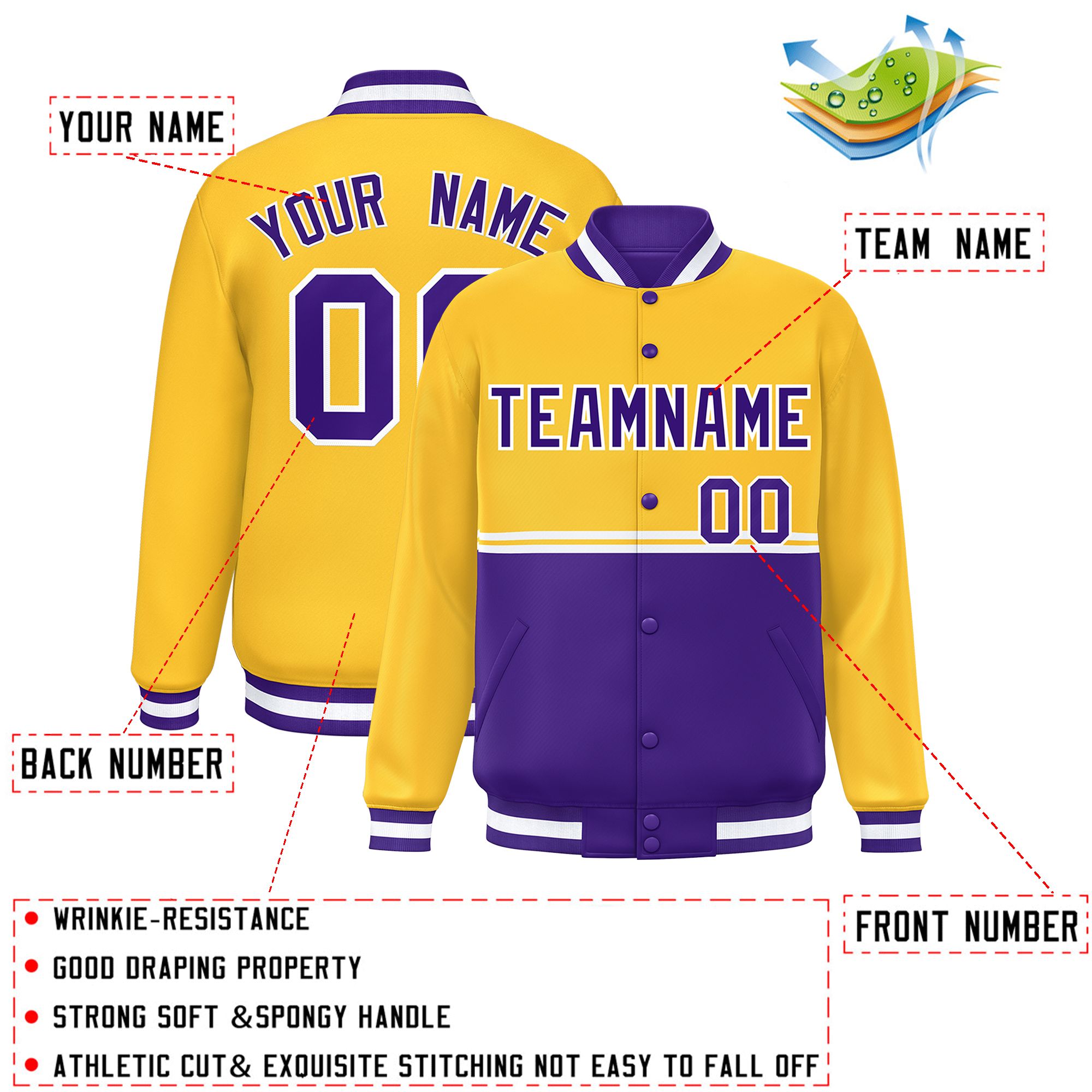 Custom Gold Purple Varsity Full-Snap Color Block Letterman Jacket