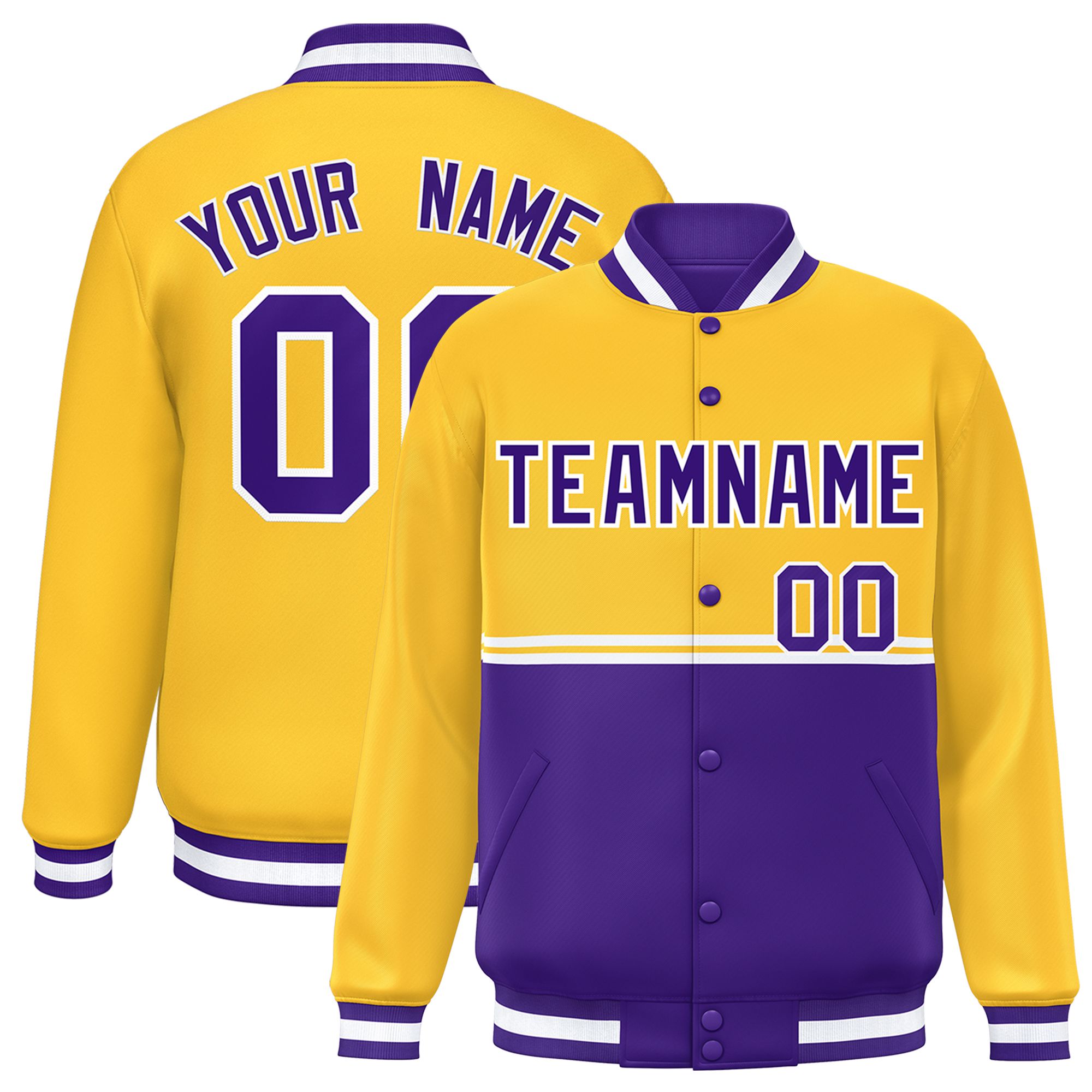 Custom Gold Purple Varsity Full-Snap Color Block Letterman Jacket