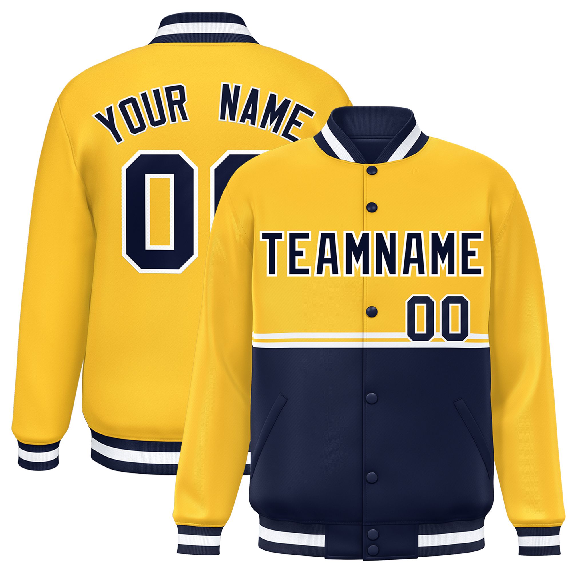 Custom Gold Navy Varsity Full-Snap Color Block Letterman Jacket