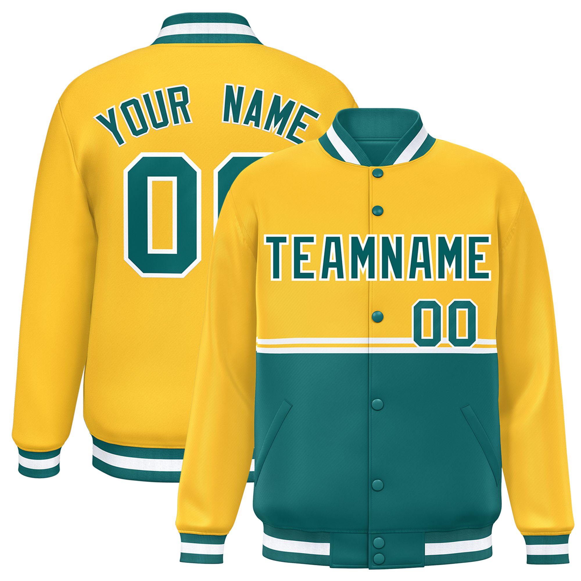 Custom Gold Aqua Varsity Full-Snap Color Block Letterman Jacket