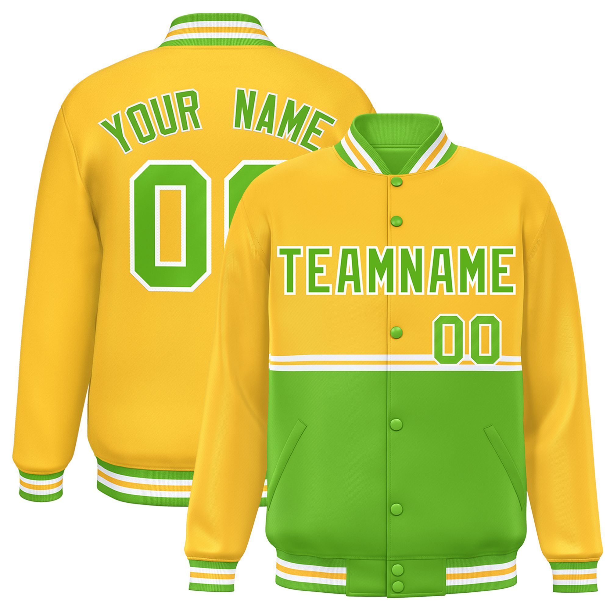 Custom Gold Green Varsity Full-Snap Color Block Letterman Jacket