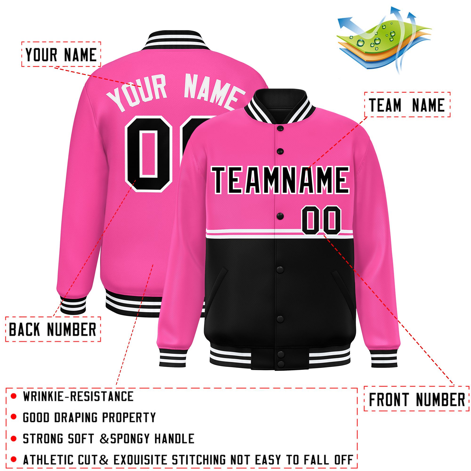 Custom Pink Black Varsity Full-Snap Color Block Letterman Jacket