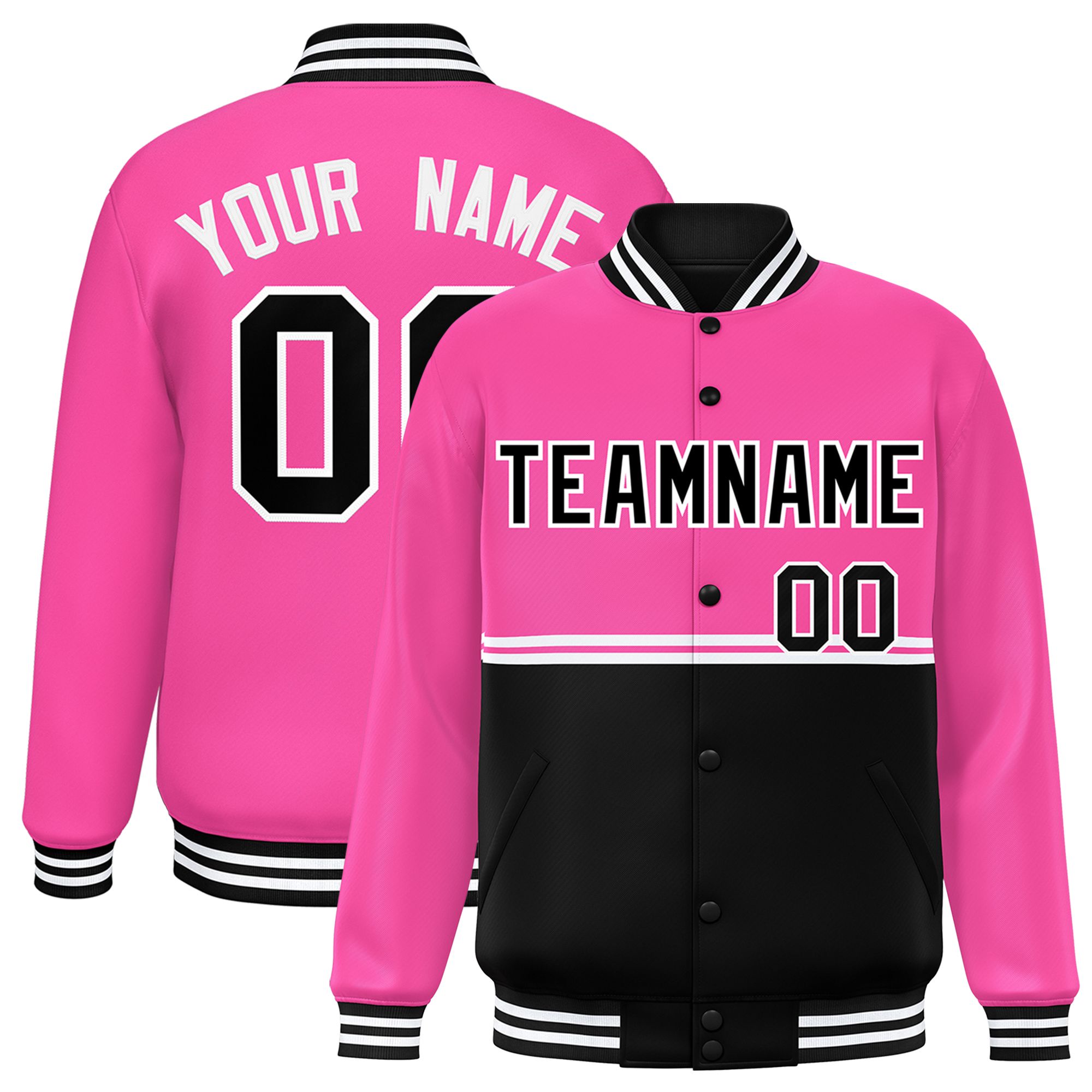 Custom Pink Black Varsity Full-Snap Color Block Letterman Jacket