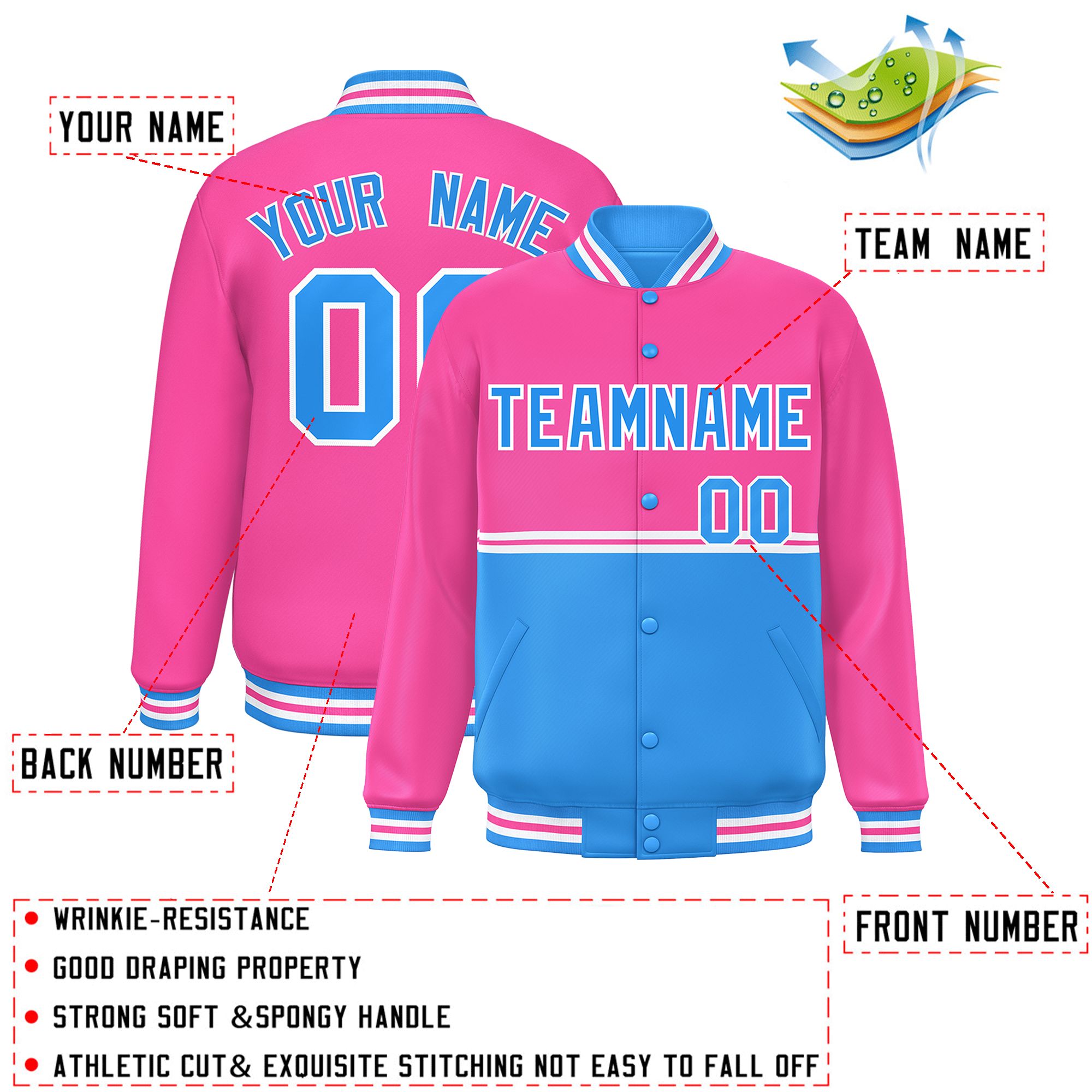 Custom Pink Powder Blue Varsity Full-Snap Color Block Letterman Jacket