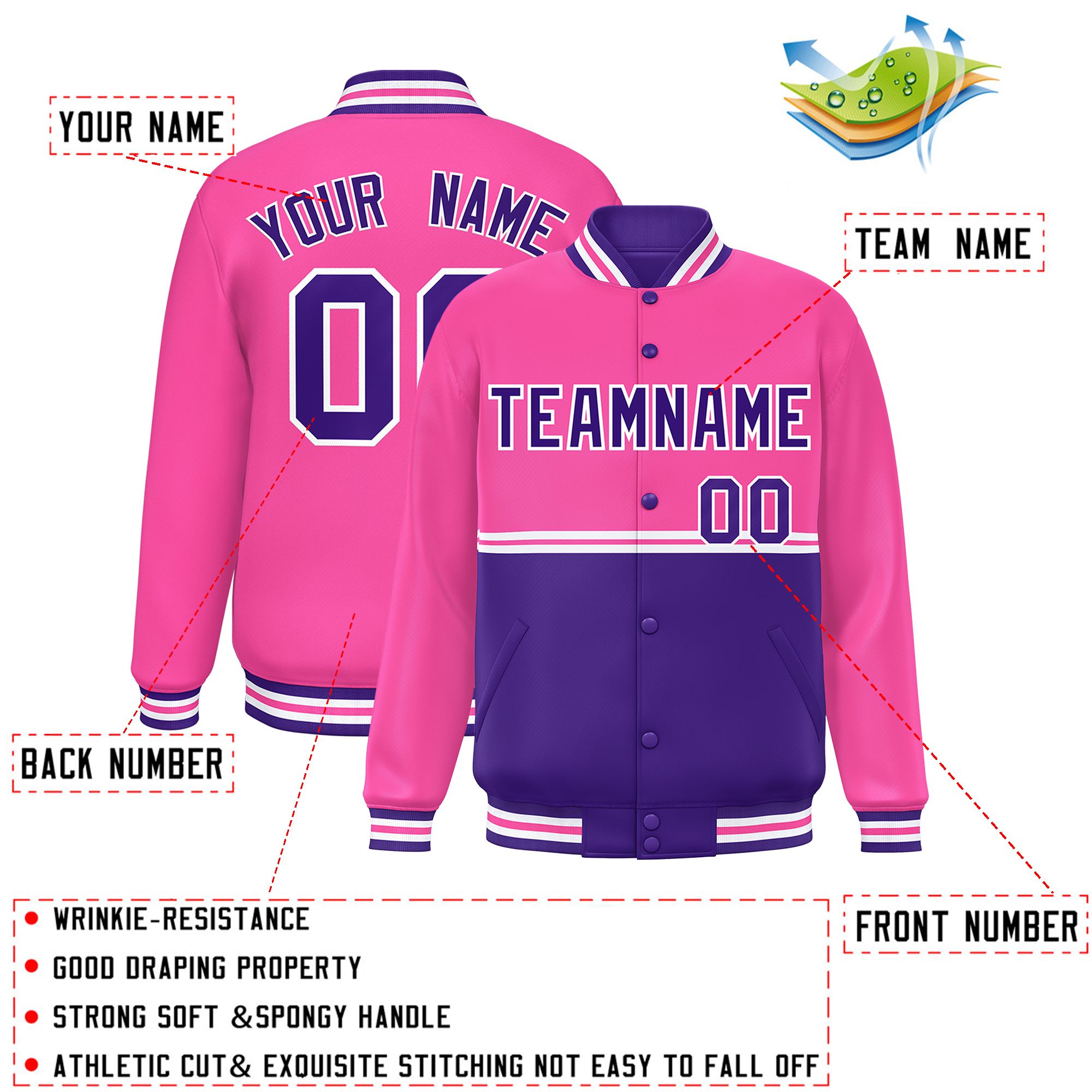 Custom Pink Purple Varsity Full-Snap Color Block Letterman Jacket