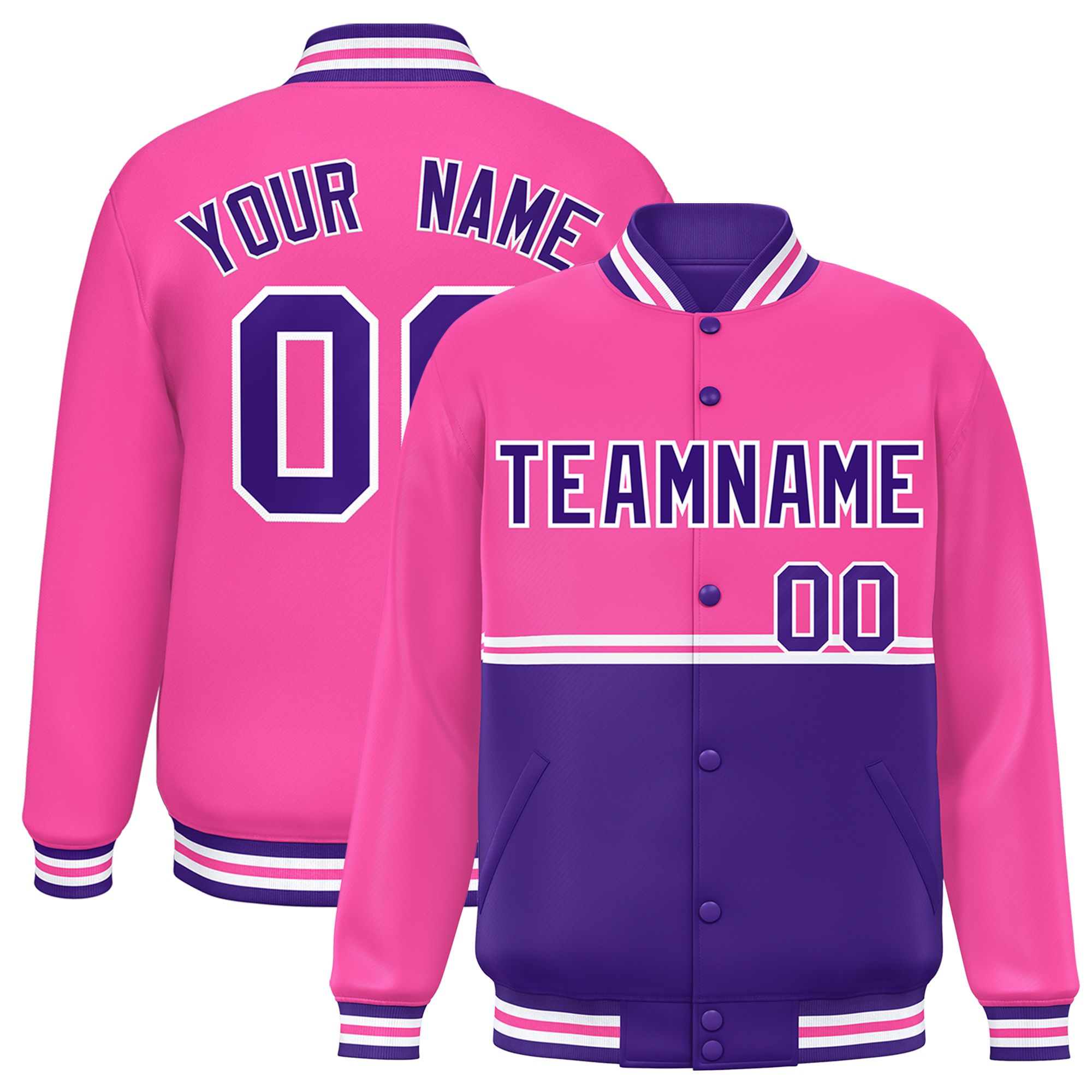 Custom Pink Purple Varsity Full-Snap Color Block Letterman Jacket