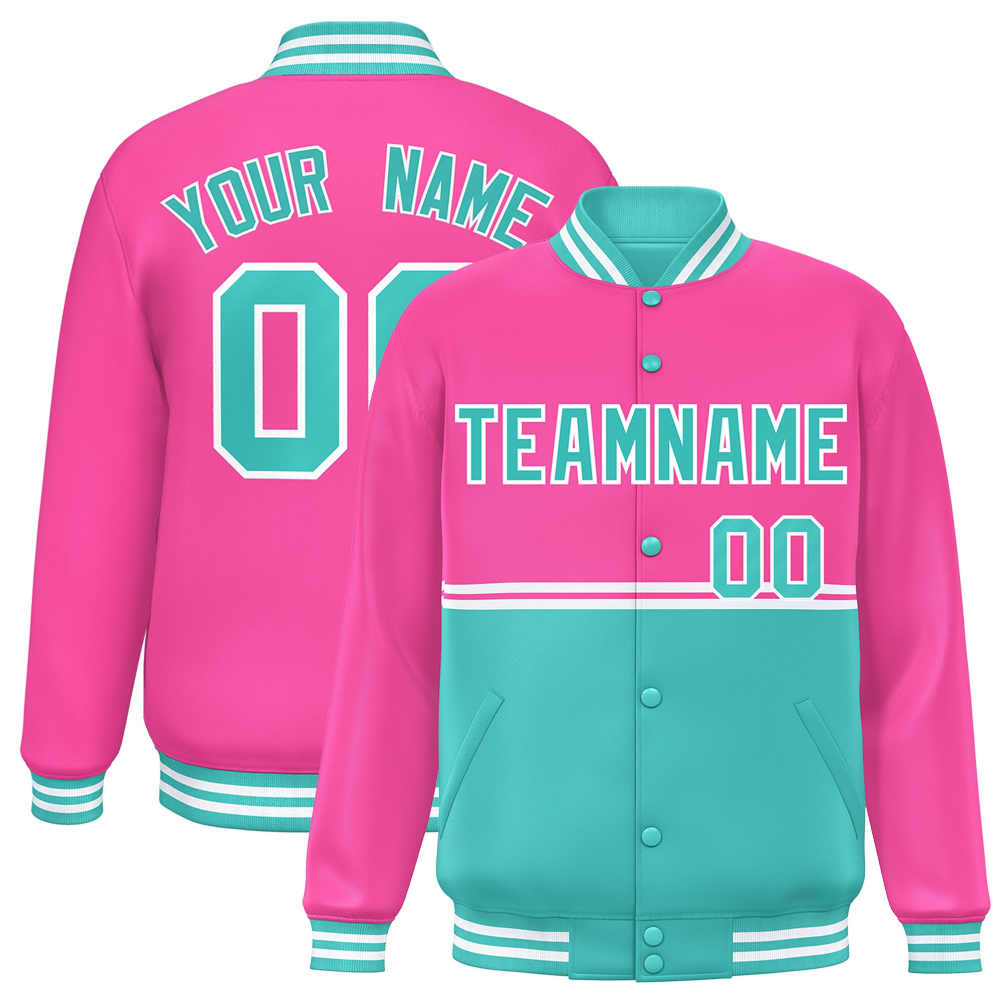 Custom Pink Bright Green Varsity Full-Snap Color Block Letterman Jacket