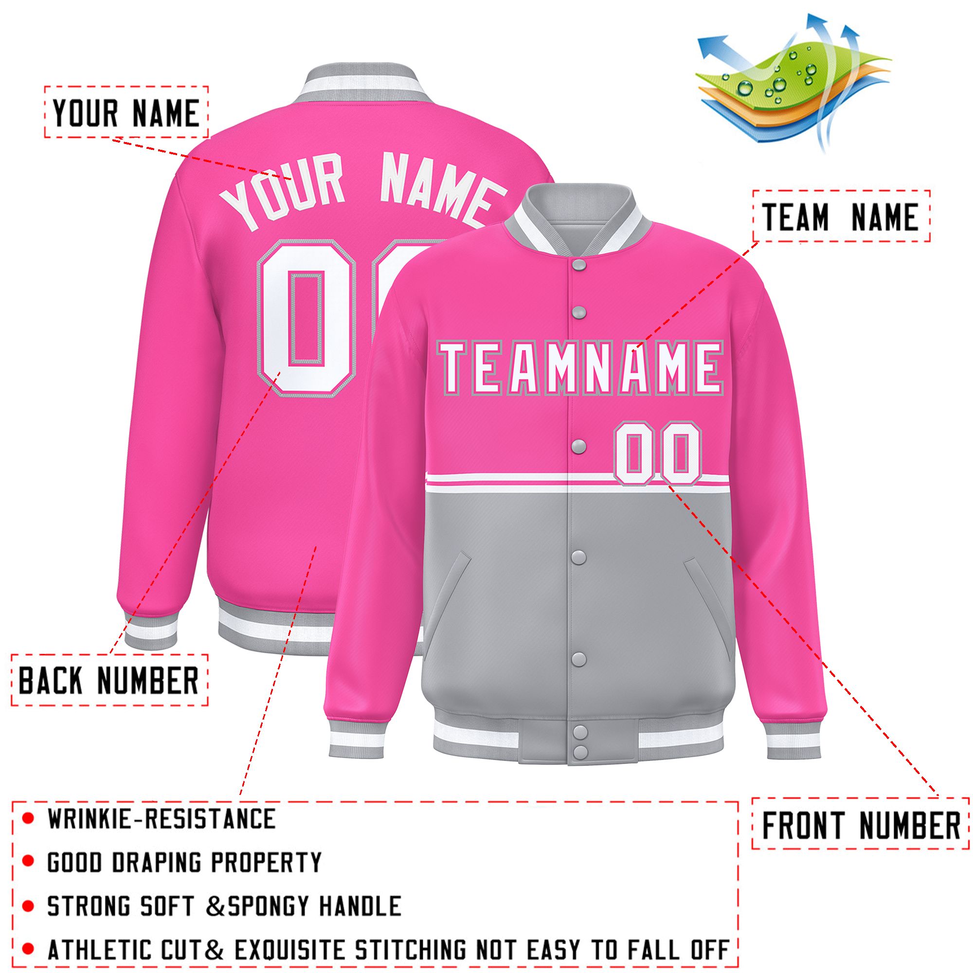 Custom Pink Gray Varsity Full-Snap Color Block Letterman Jacket