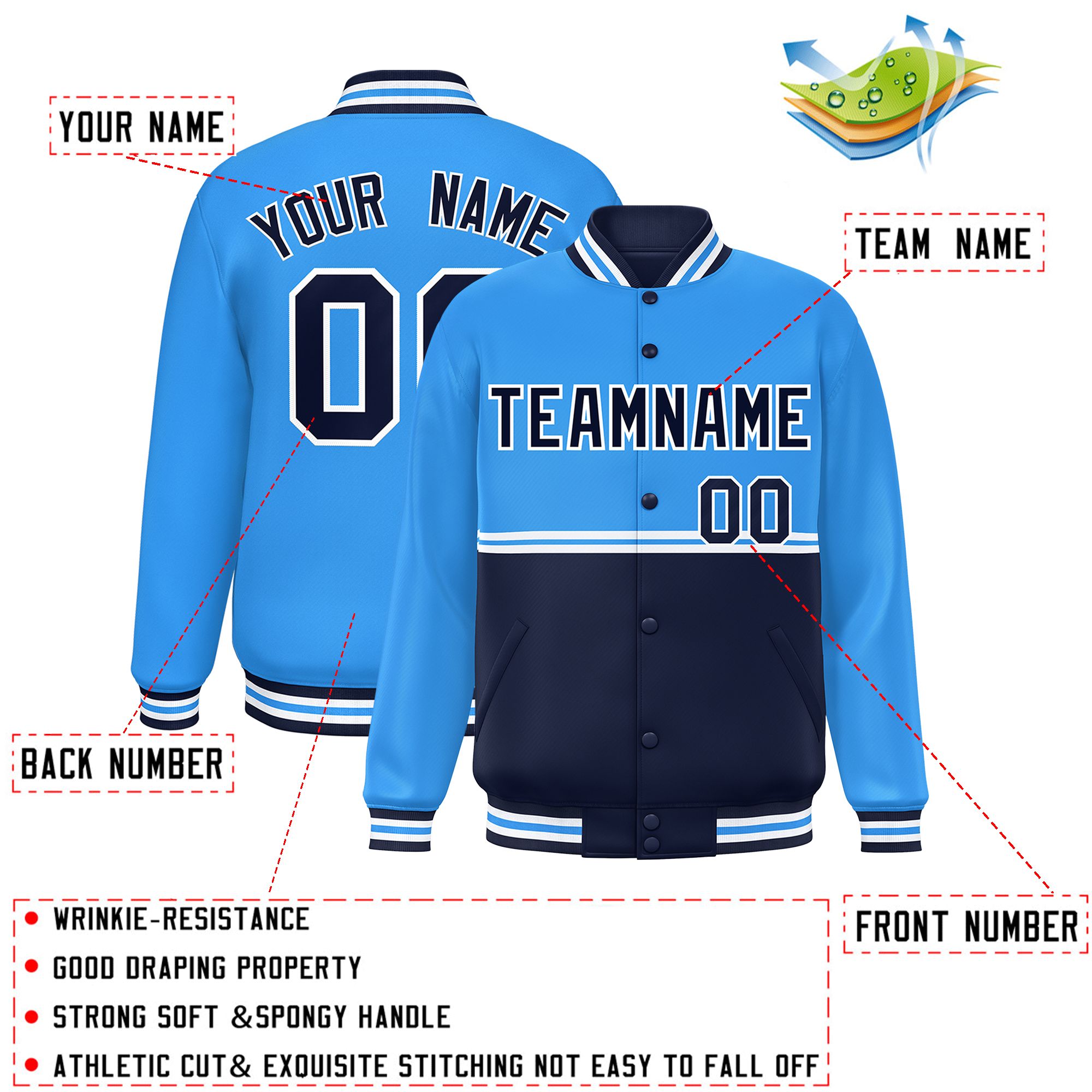 Custom Powder Blue Navy Varsity Full-Snap Color Block Letterman Jacket