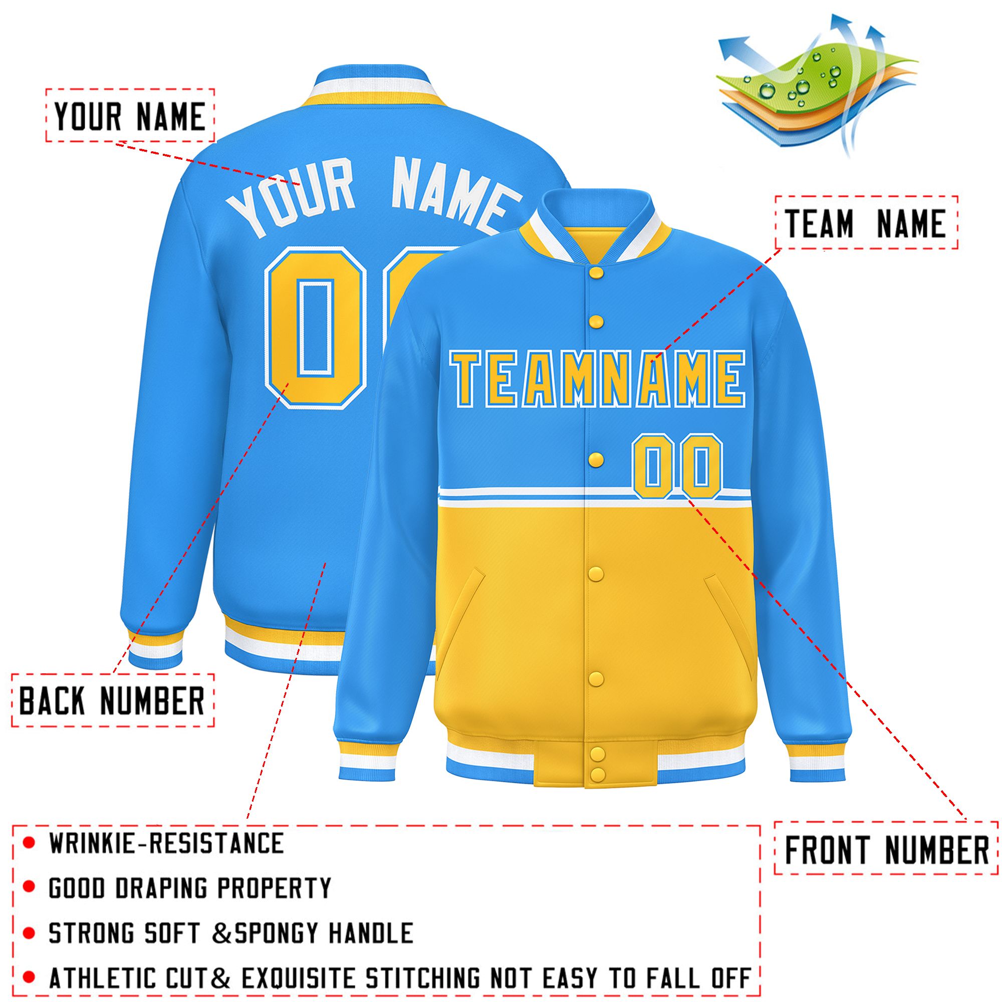 Custom Powder Blue Gold Varsity Full-Snap Color Block Letterman Jacket