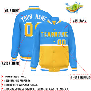 Custom Powder Blue Gold Varsity Full-Snap Color Block Letterman Jacket