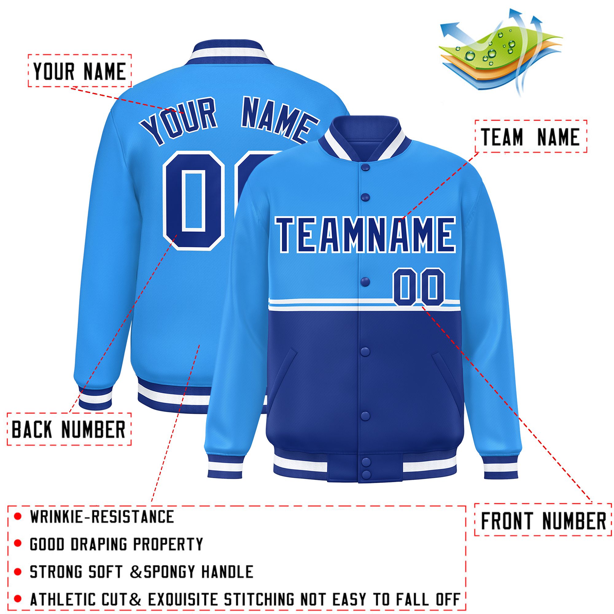 Custom Powder Blue Royal Varsity Full-Snap Color Block Letterman Jacket