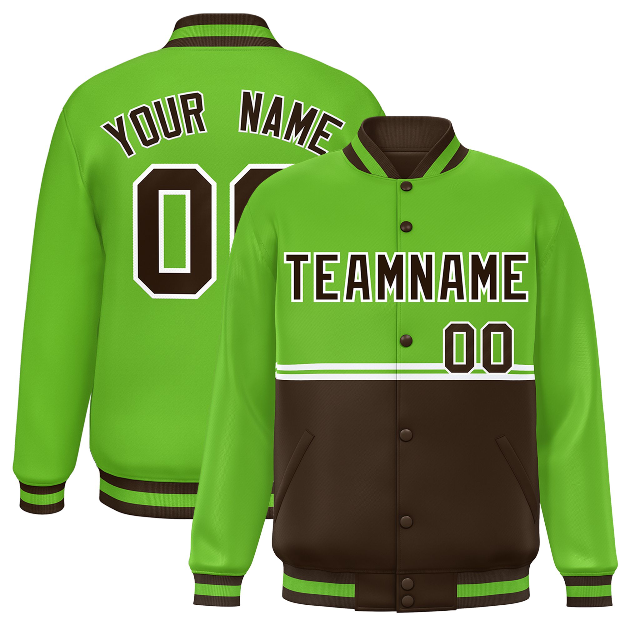 Custom Green Brown Varsity Full-Snap Color Block Letterman Jacket