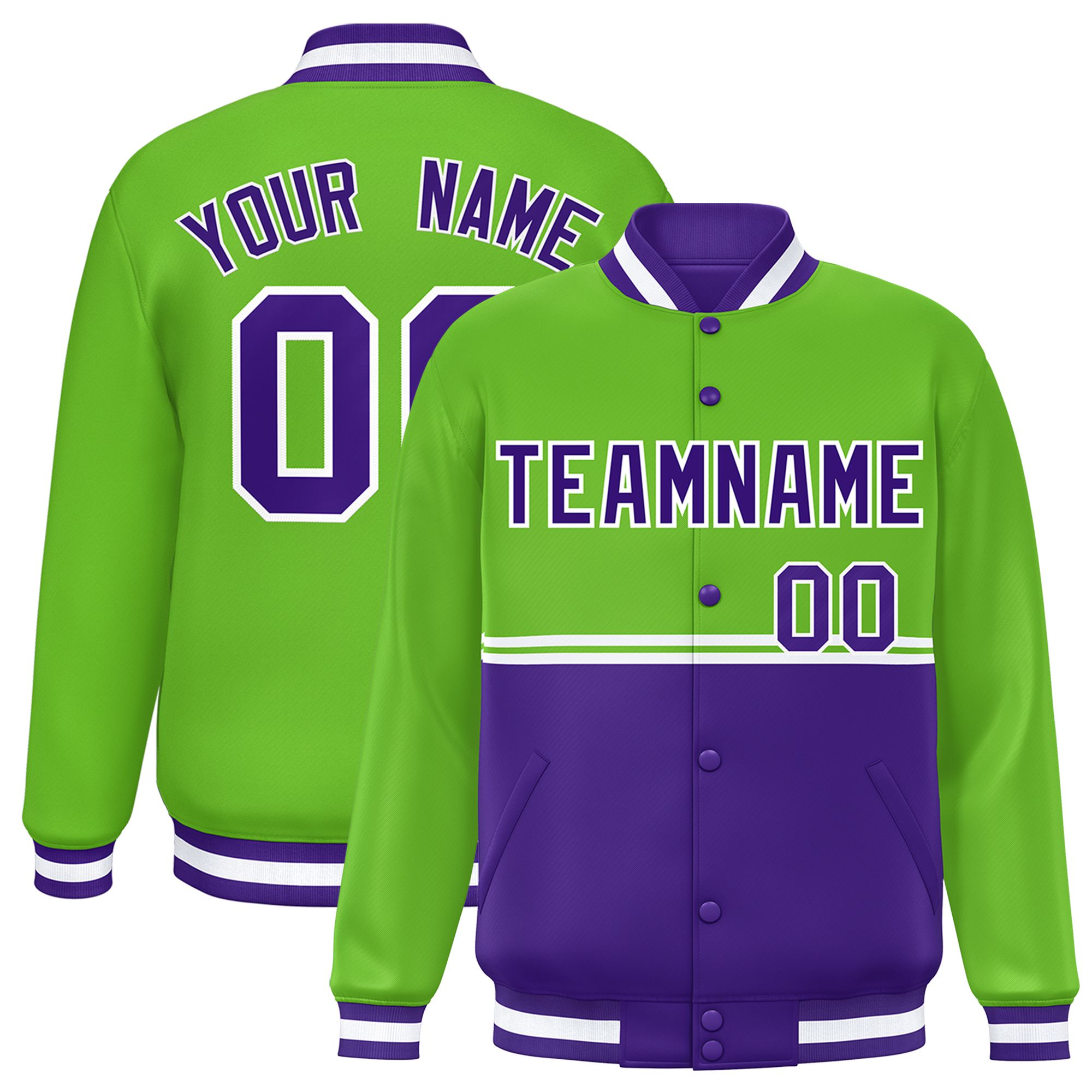 Custom Green Purple Varsity Full-Snap Color Block Letterman Jacket