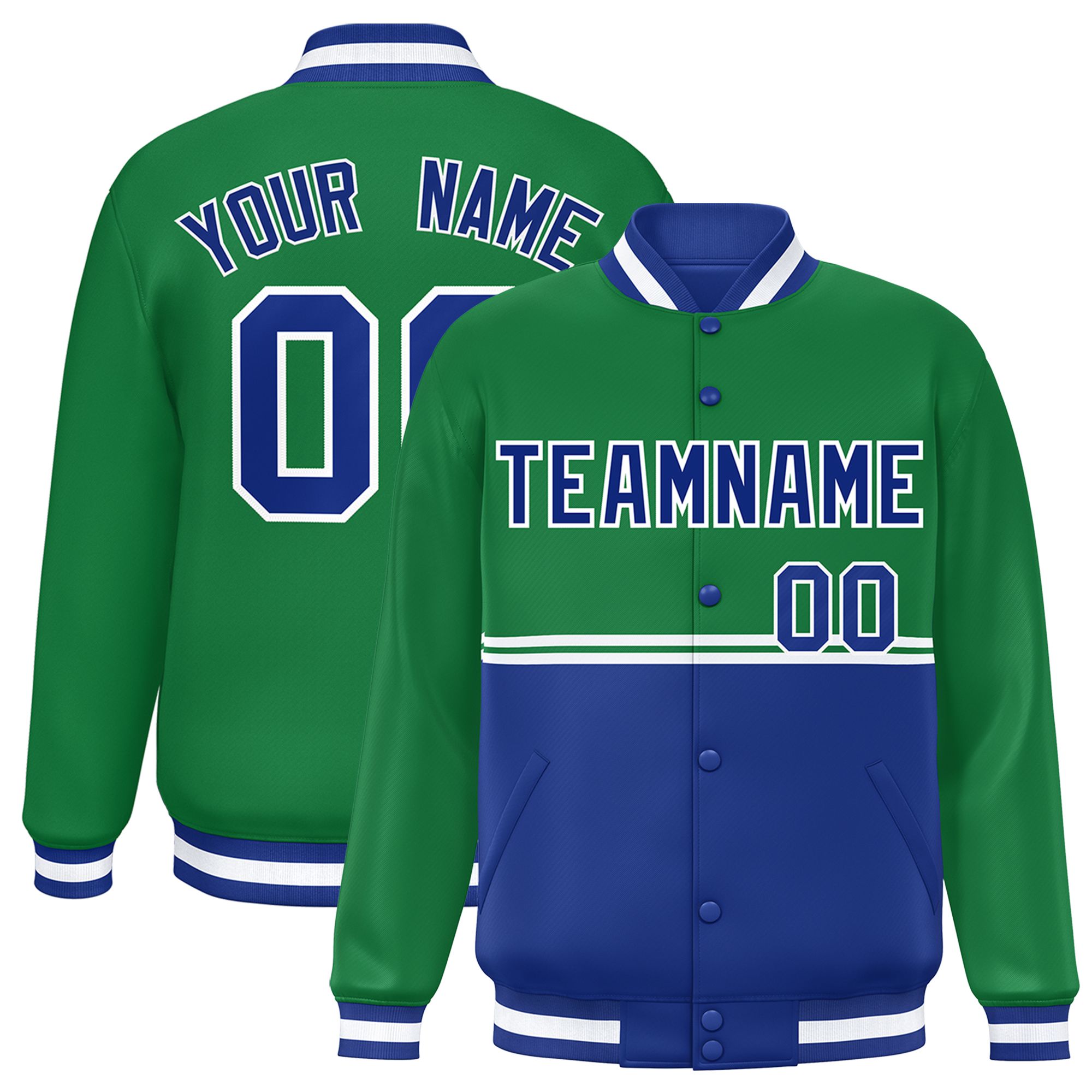 Custom Kelly Green Royal Varsity Full-Snap Color Block Letterman Jacket