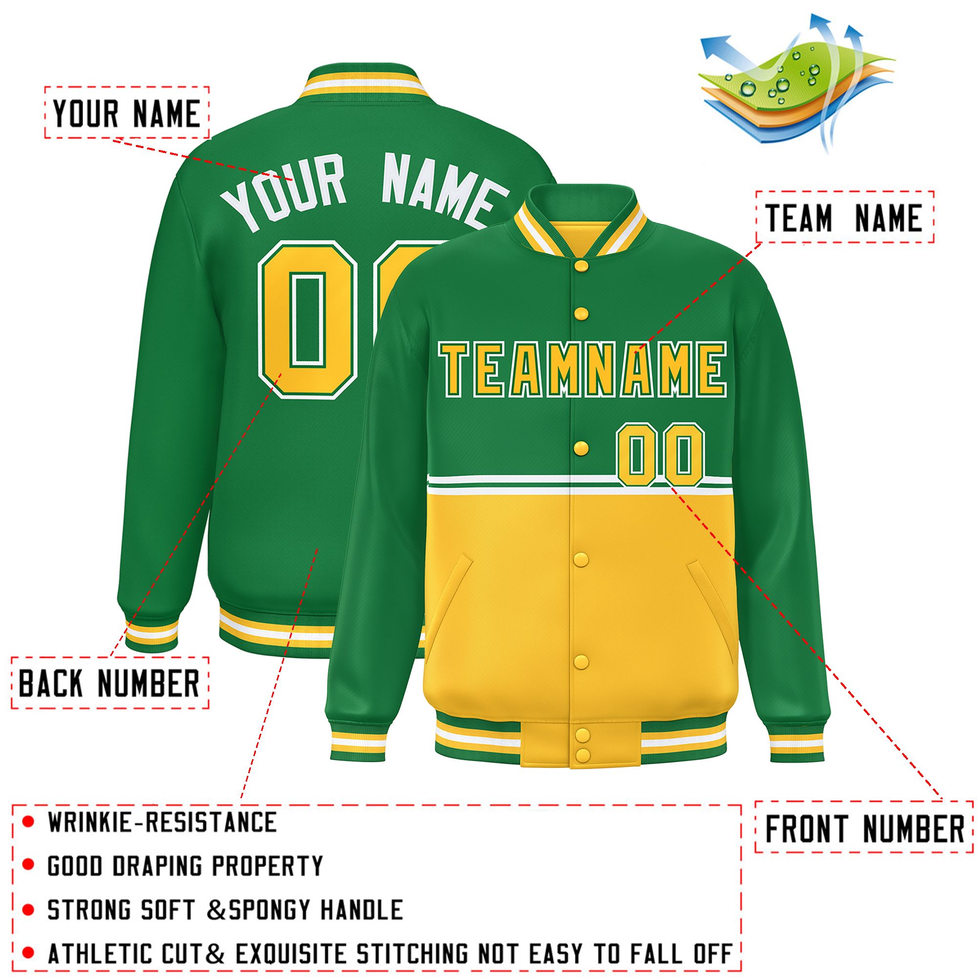 Custom Kelly Green Gold Varsity Full-Snap Color Block Letterman Jacket