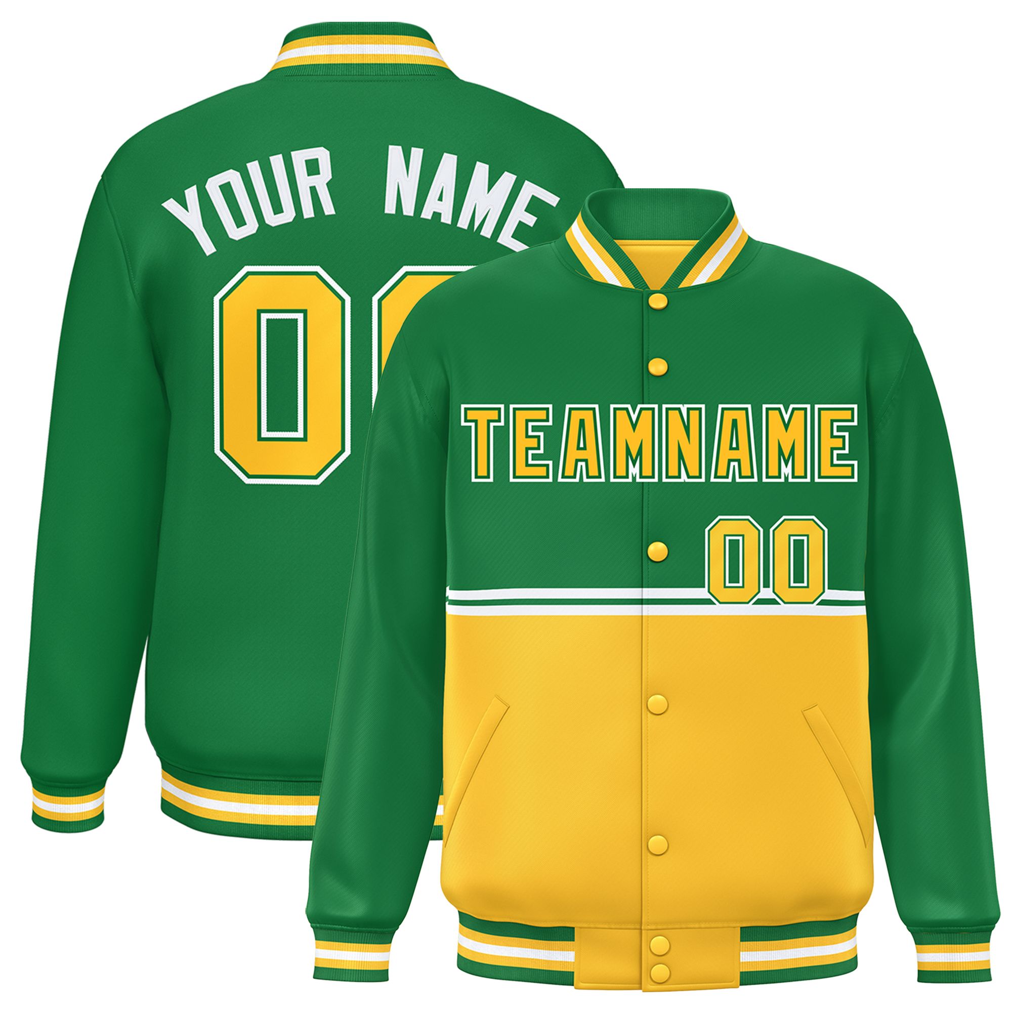 Custom Kelly Green Gold Varsity Full-Snap Color Block Letterman Jacket