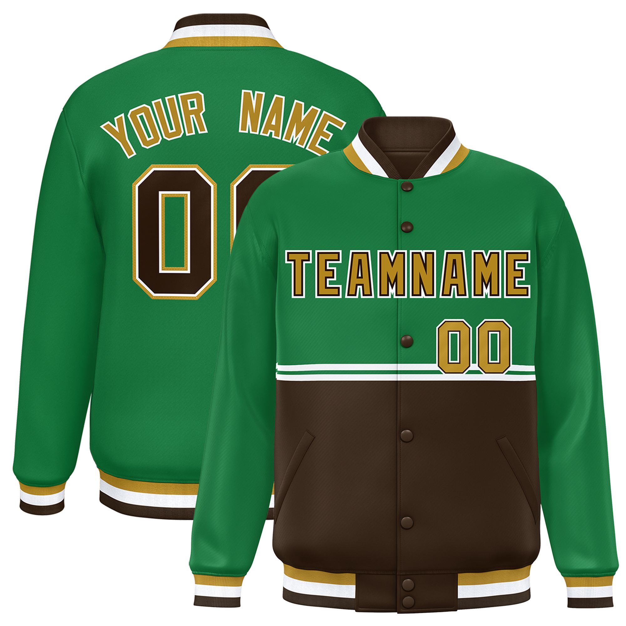 Custom Kelly Green Brown Varsity Full-Snap Color Block Letterman Jacket