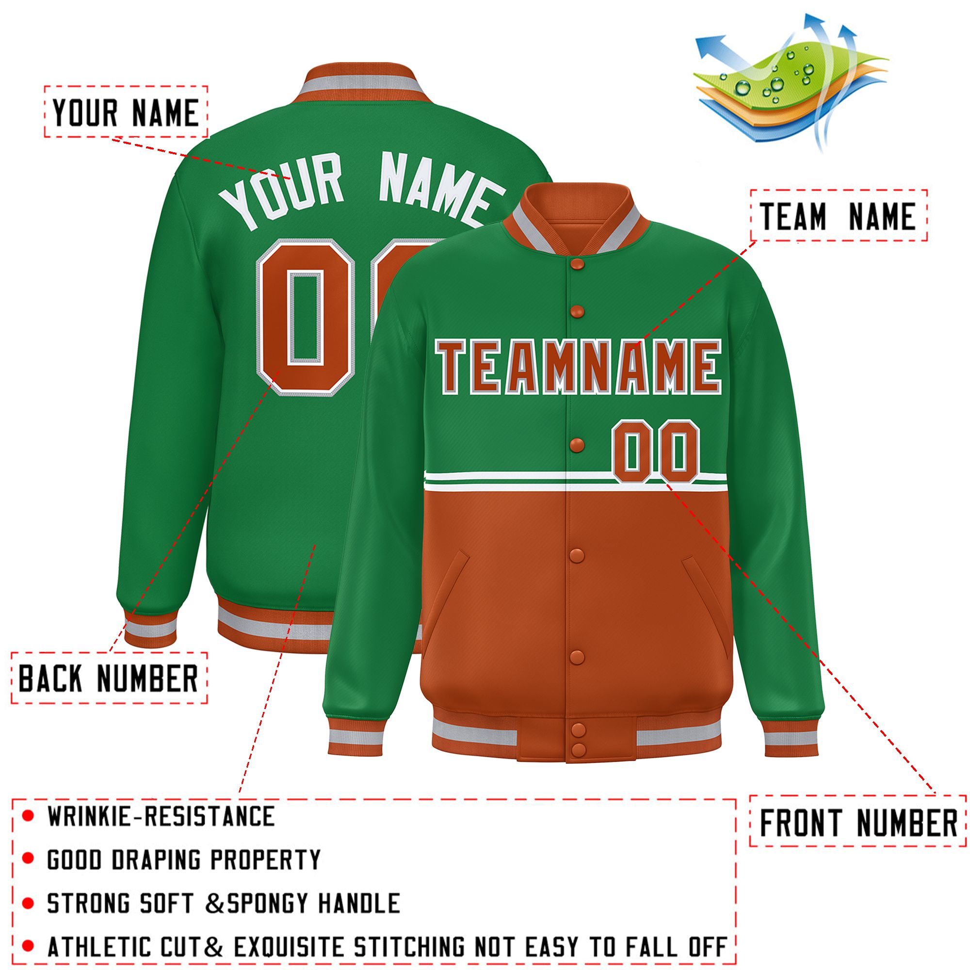 Custom Kelly Green Texas Orange Varsity Full-Snap Color Block Letterman Jacket