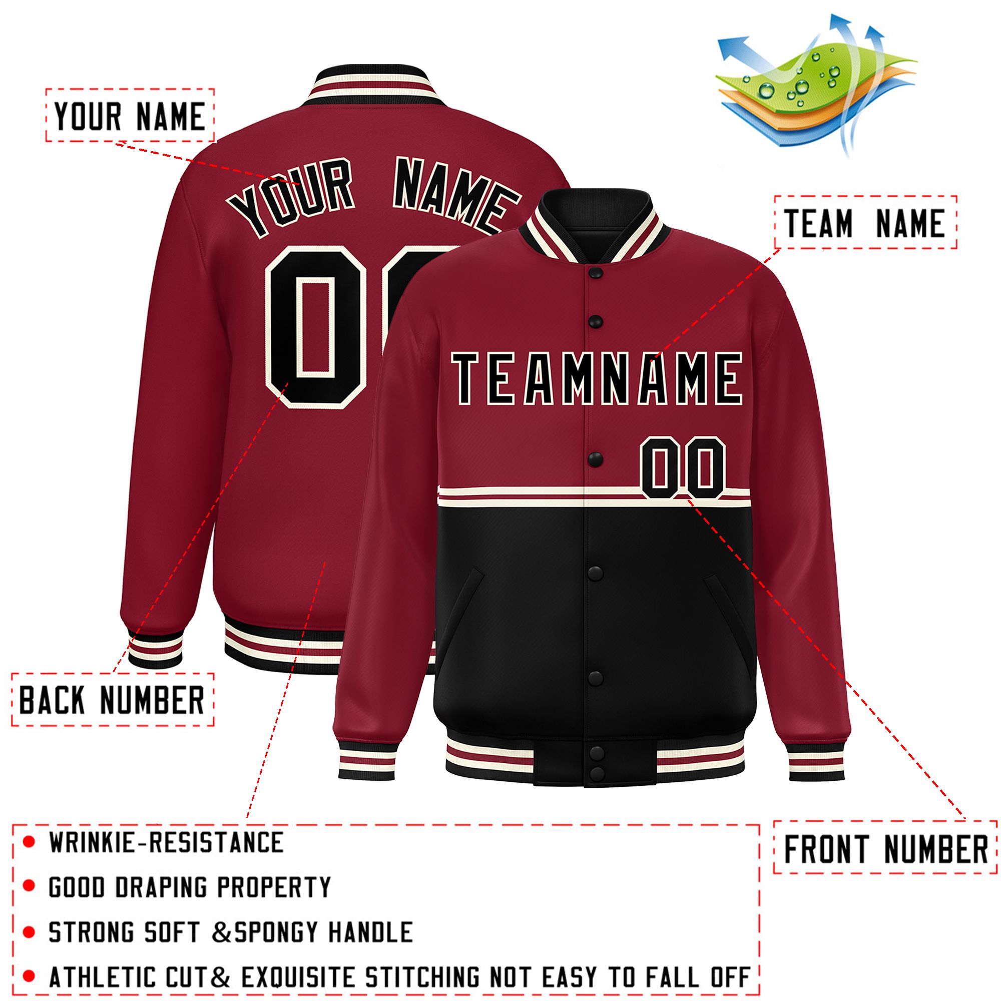 Custom Crimson Black Varsity Full-Snap Color Block Letterman Jacket