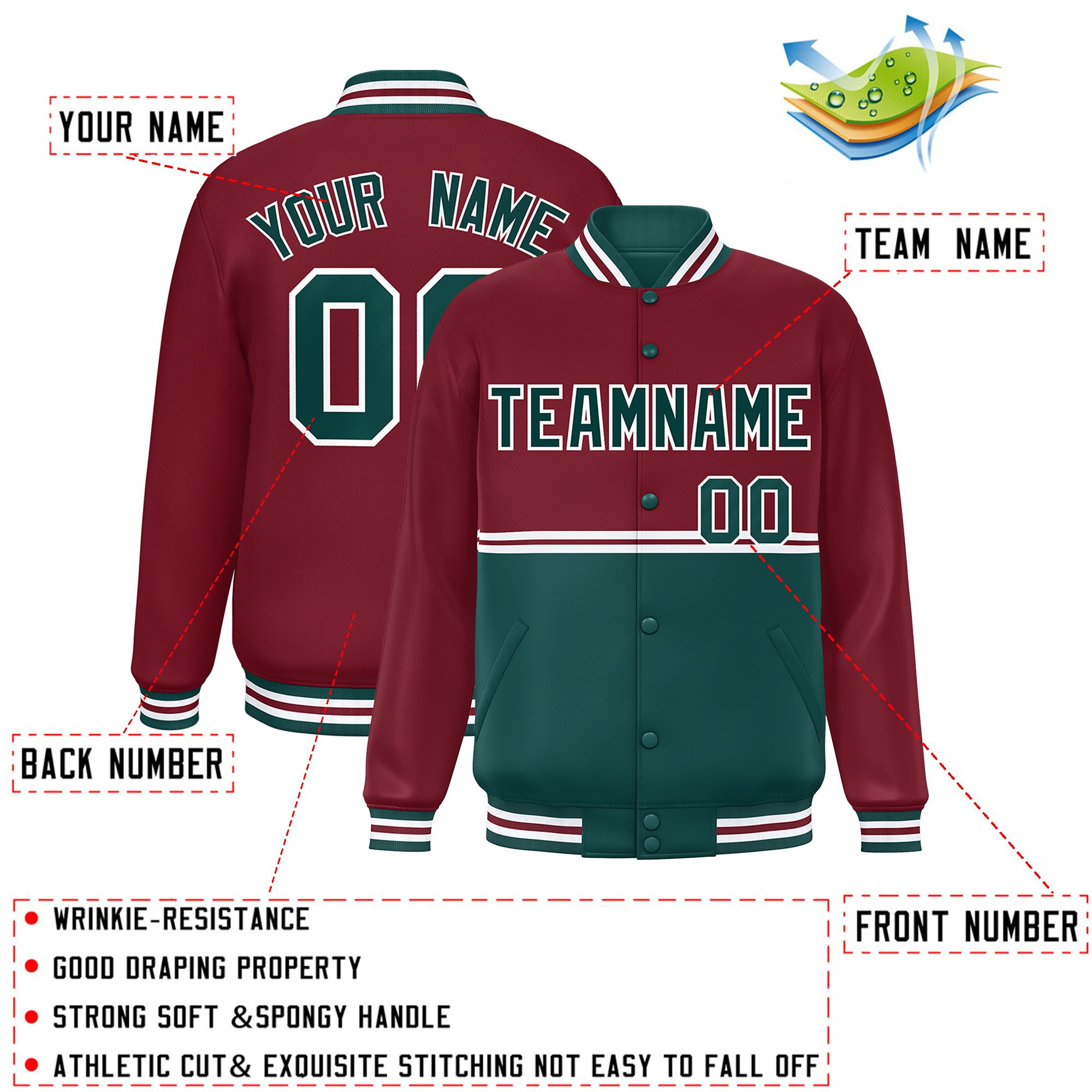 Custom Crimson Midnight Green Varsity Full-Snap Color Block Letterman Jacket