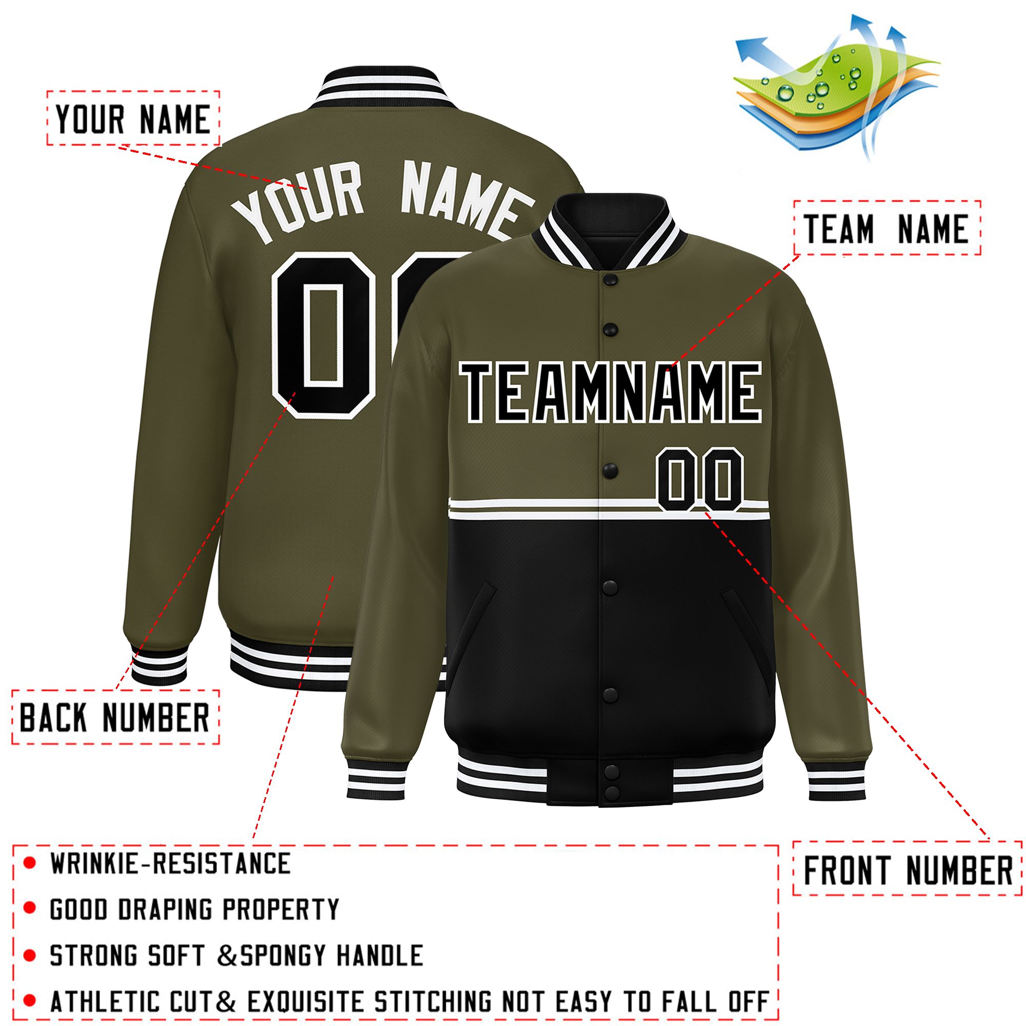 Custom Olive Black Varsity Full-Snap Color Block Letterman Jacket