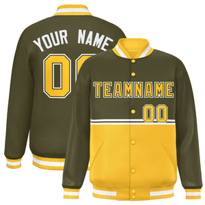 Custom Olive Gold Varsity Full-Snap Color Block Letterman Jacket