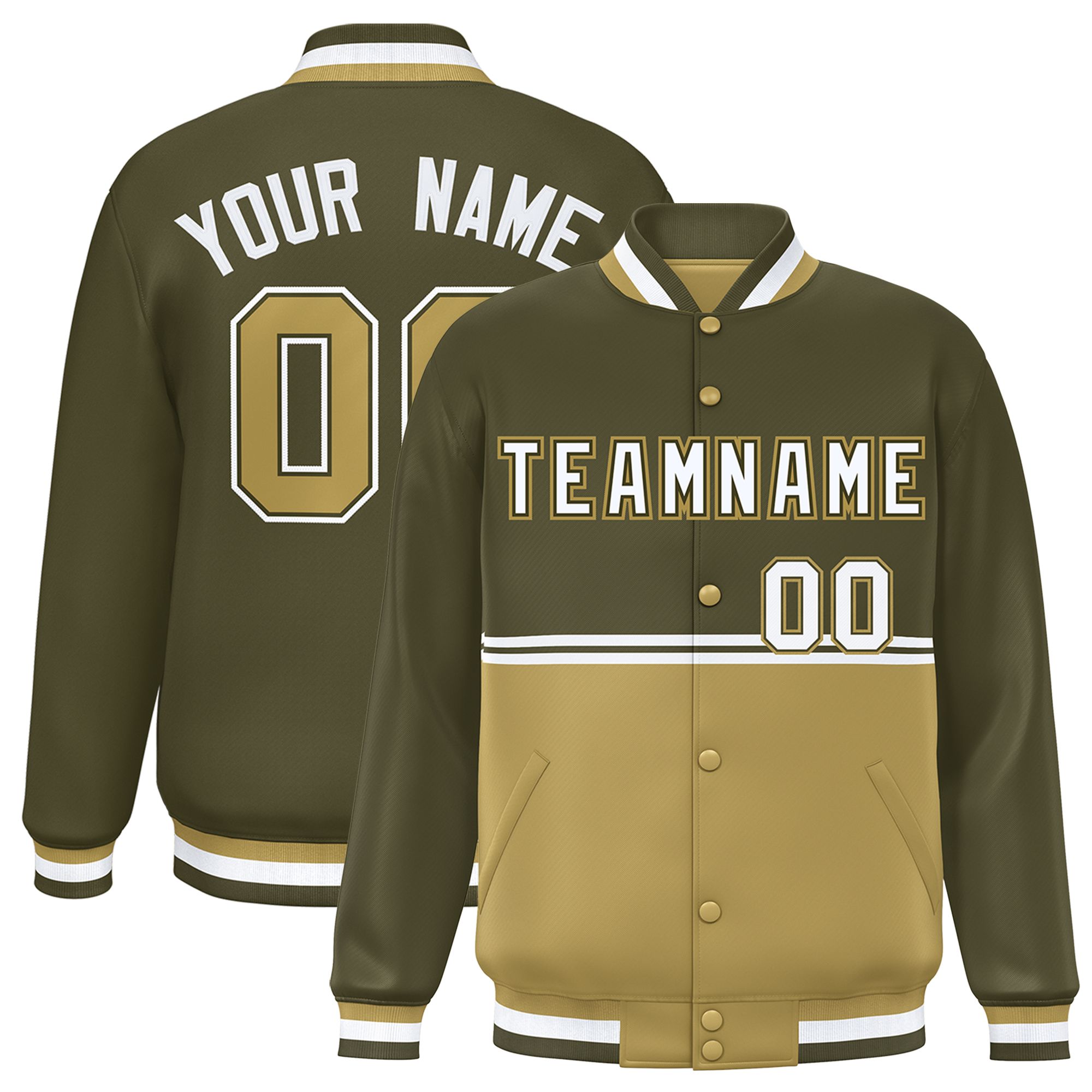 Custom Olive Desert Yellow Varsity Full-Snap Color Block Letterman Jacket