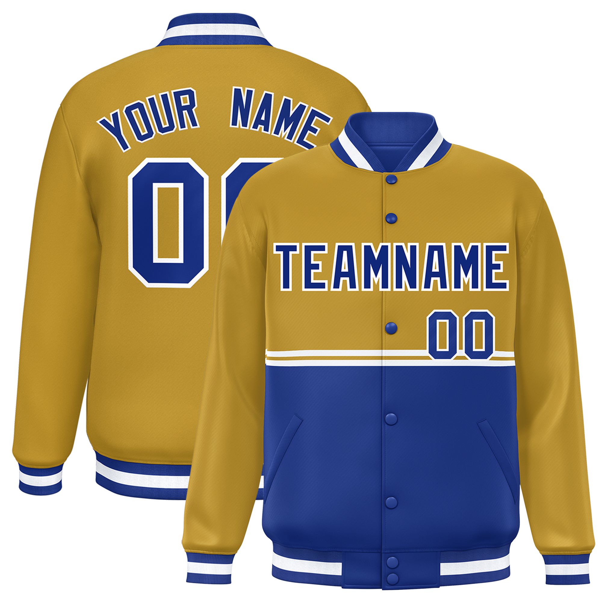 Custom Old Gold Royal Varsity Full-Snap Color Block Letterman Jacket