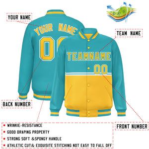 Custom Aqua Gold Varsity Full-Snap Color Block Letterman Jacket