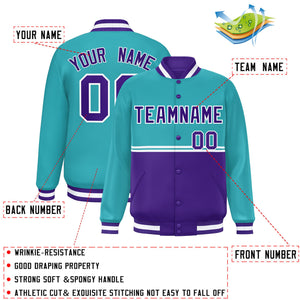 Custom Aqua Purple Varsity Full-Snap Color Block Letterman Jacket