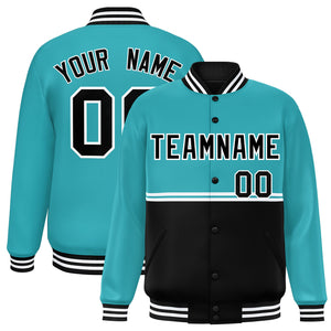 Custom Aqua Black Varsity Full-Snap Color Block Letterman Jacket