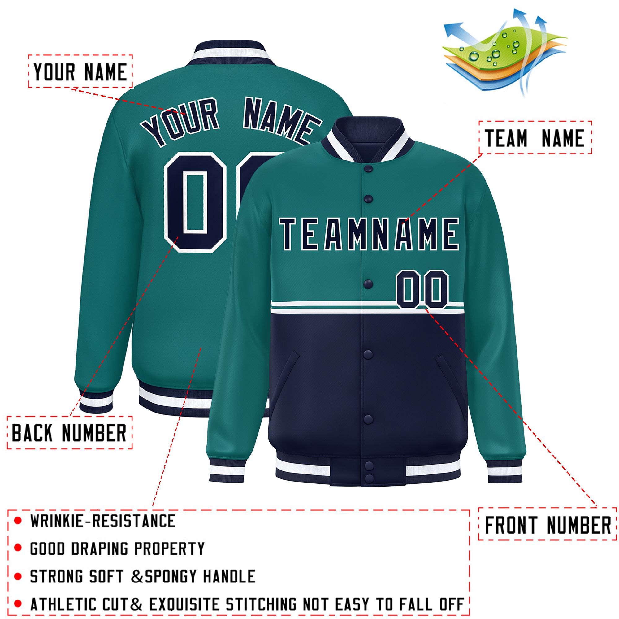 Custom Aqua Navy Varsity Full-Snap Color Block Letterman Jacket