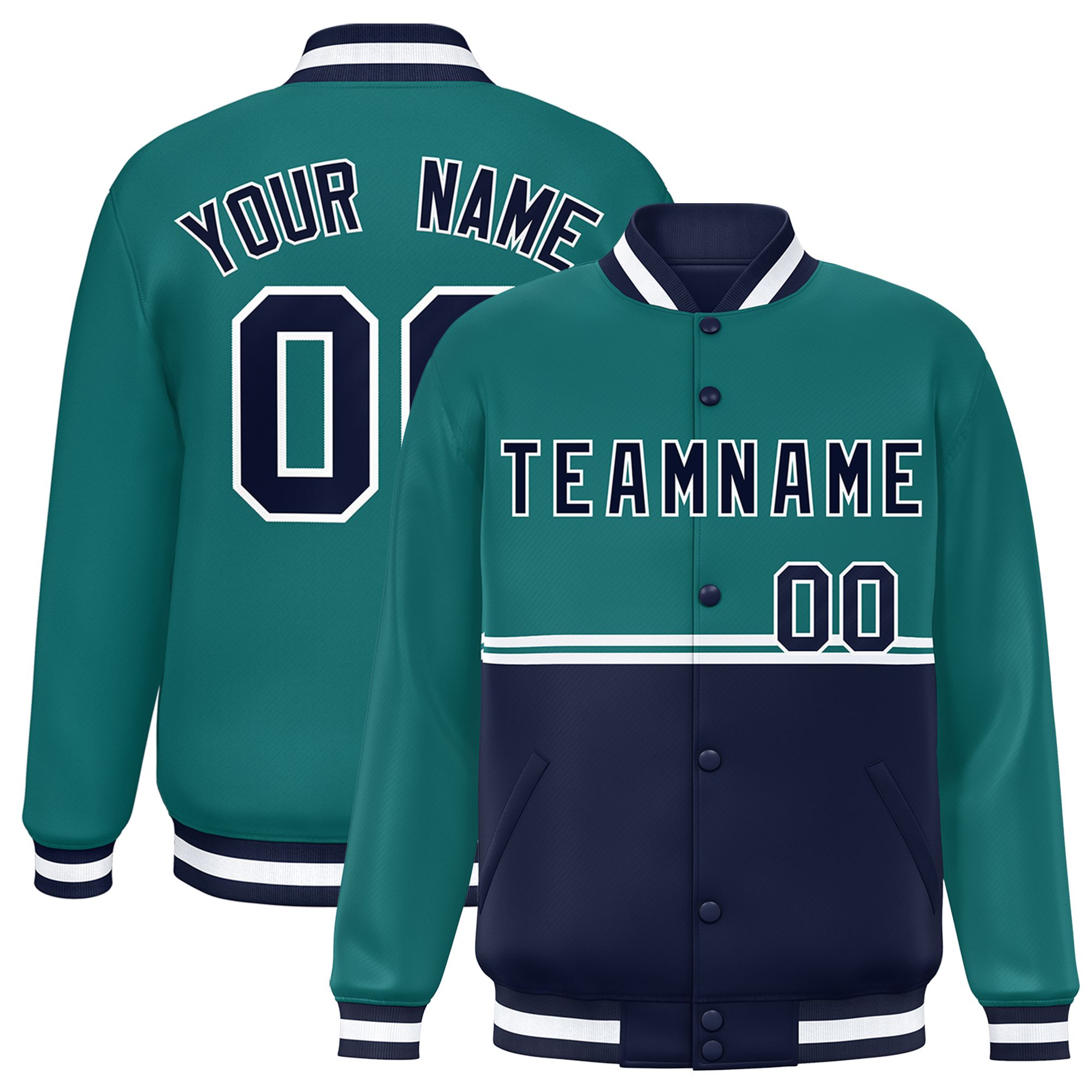 Custom Aqua Navy Varsity Full-Snap Color Block Letterman Jacket