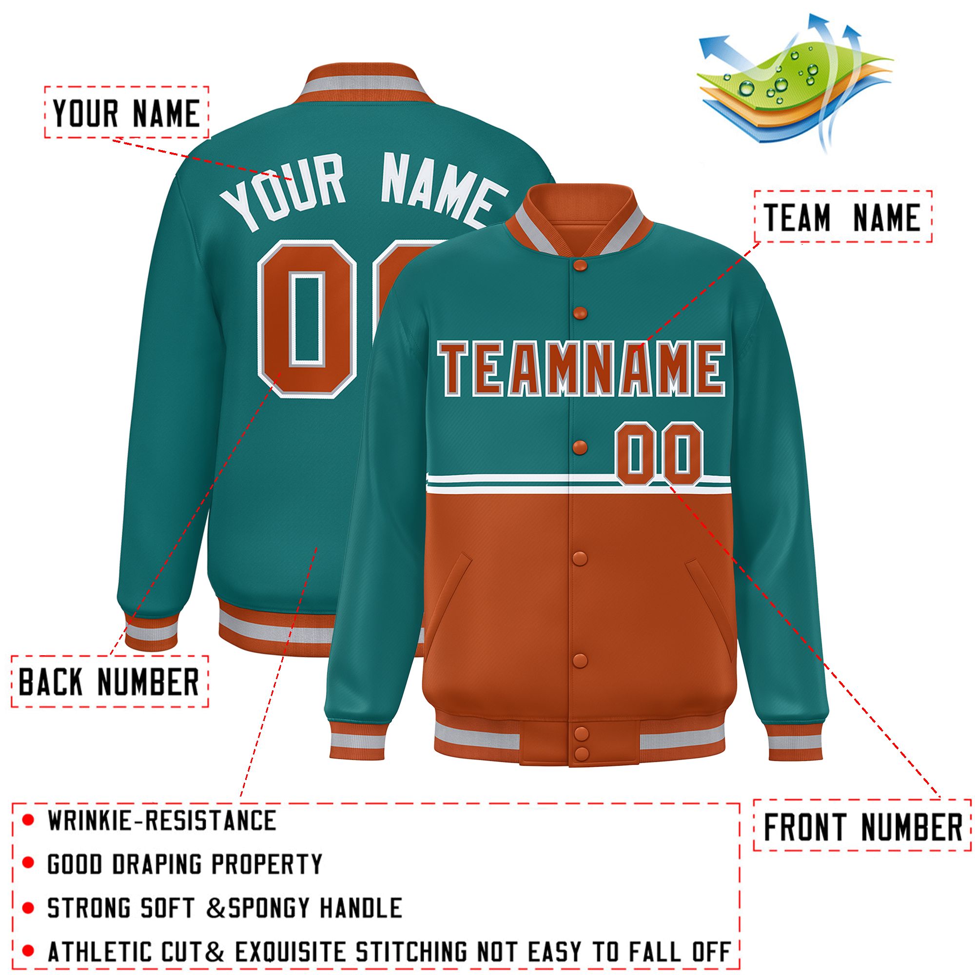 Custom Aqua Texas Orange Varsity Full-Snap Color Block Letterman Jacket