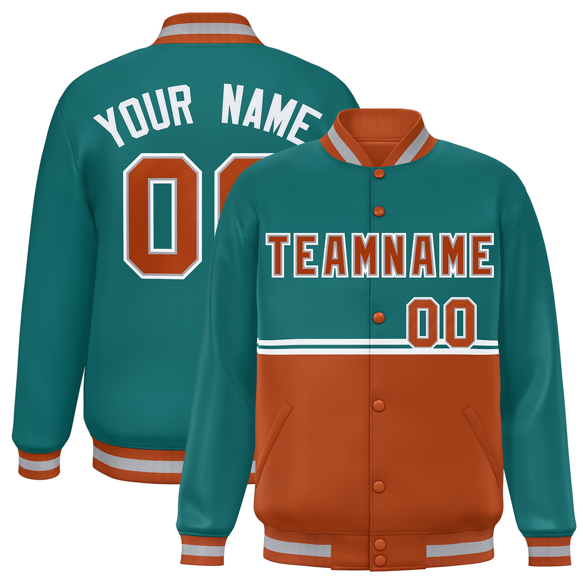 Custom Aqua Texas Orange Varsity Full-Snap Color Block Letterman Jacket