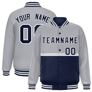 Custom Gray Navy Varsity Full-Snap Color Block Letterman Jacket