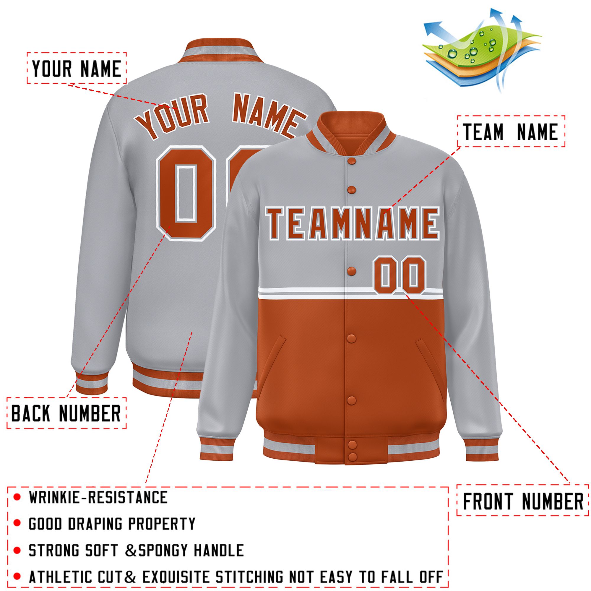 Custom Gray Texas Orange Varsity Full-Snap Color Block Letterman Jacket