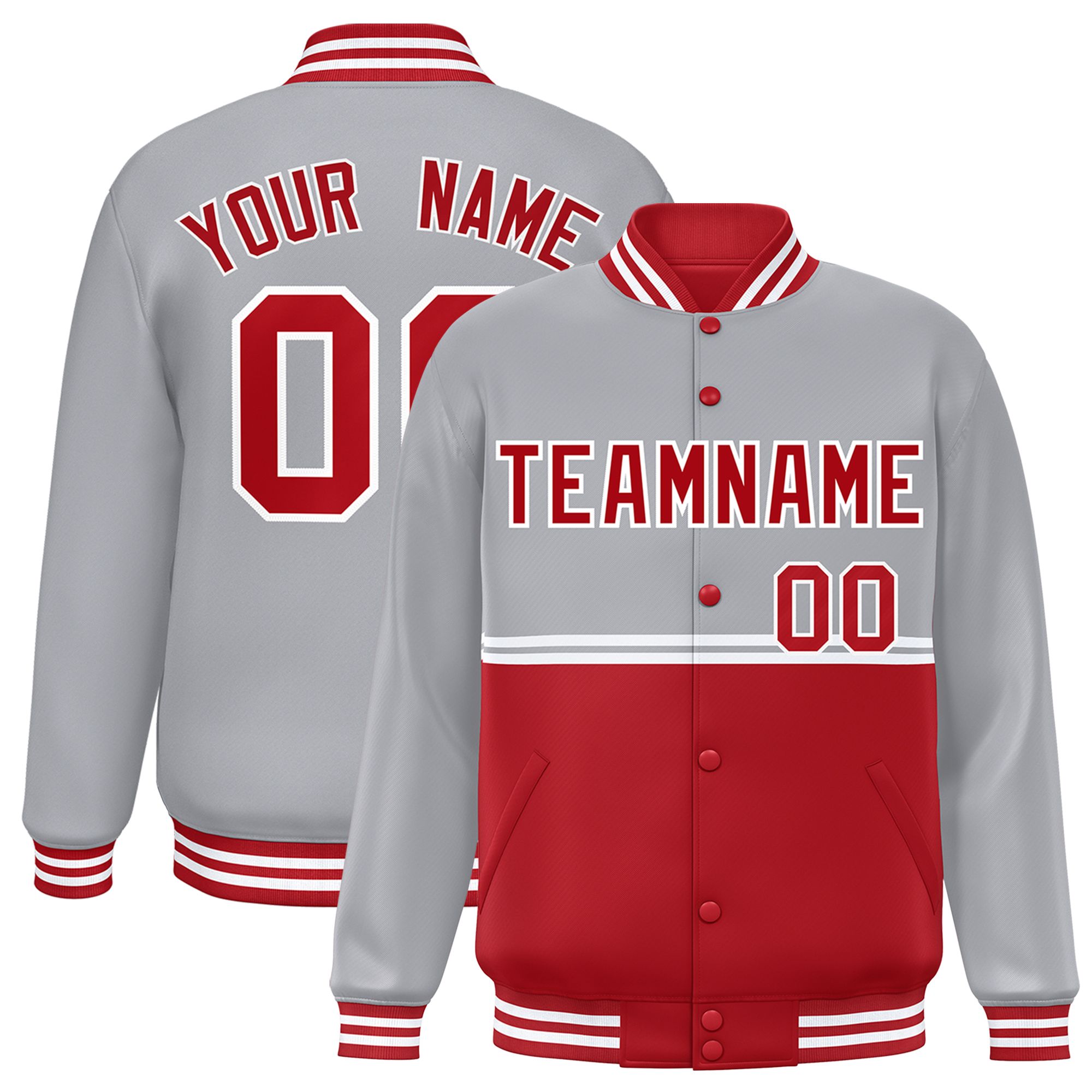 Custom Gray Red Varsity Full-Snap Color Block Letterman Jacket