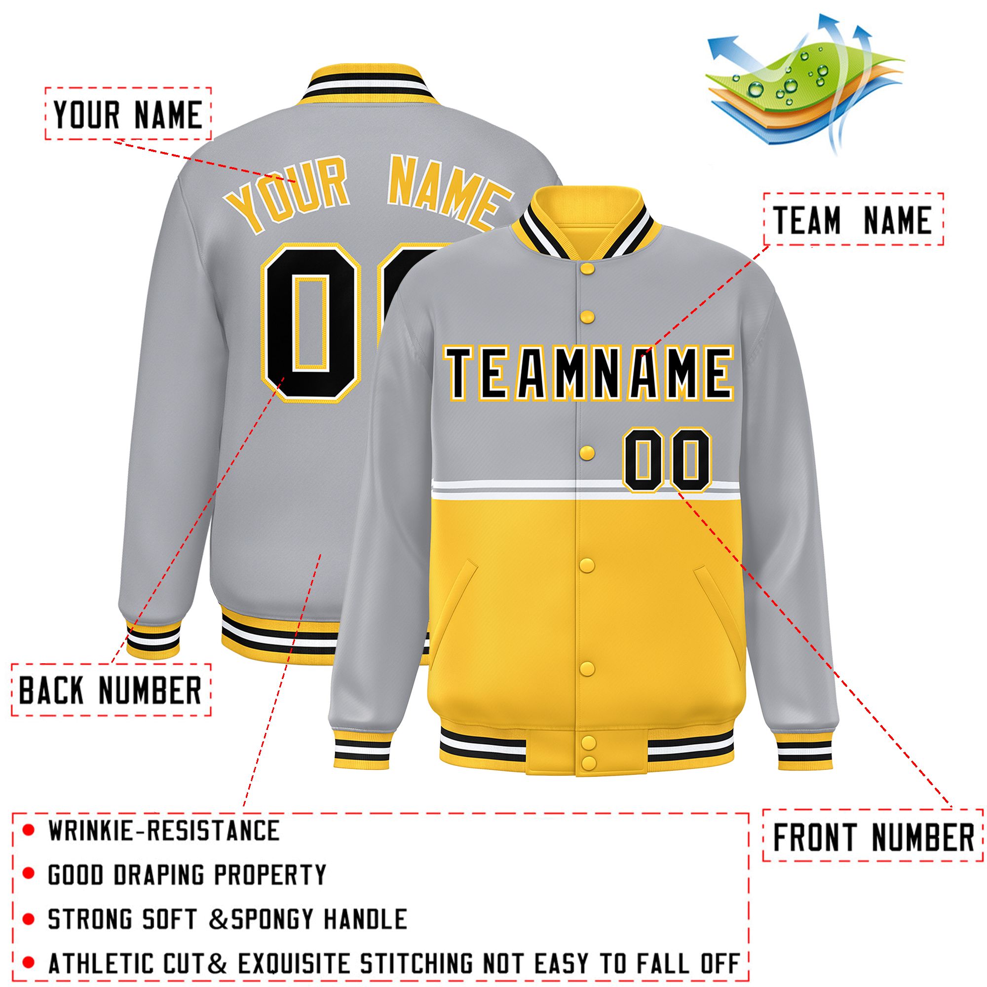 Custom Gray Gold Varsity Full-Snap Color Block Letterman Jacket