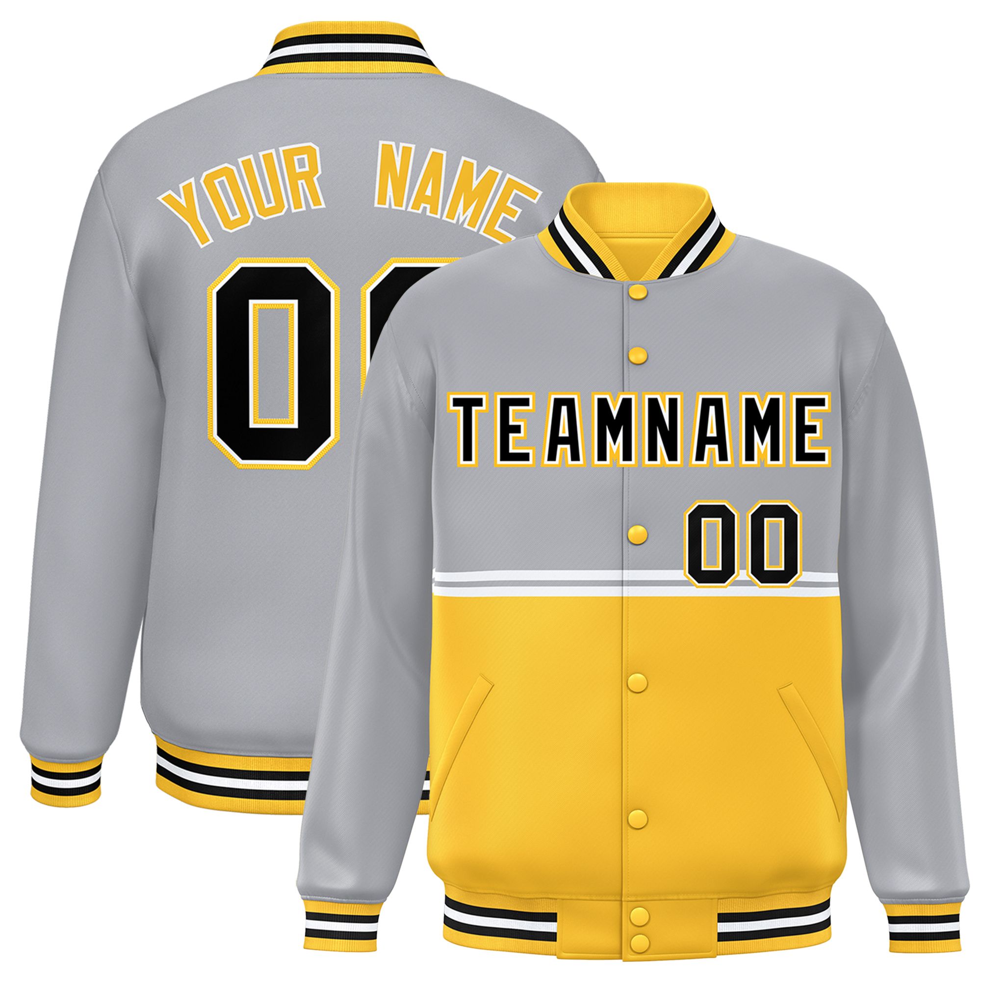 Custom Gray Gold Varsity Full-Snap Color Block Letterman Jacket