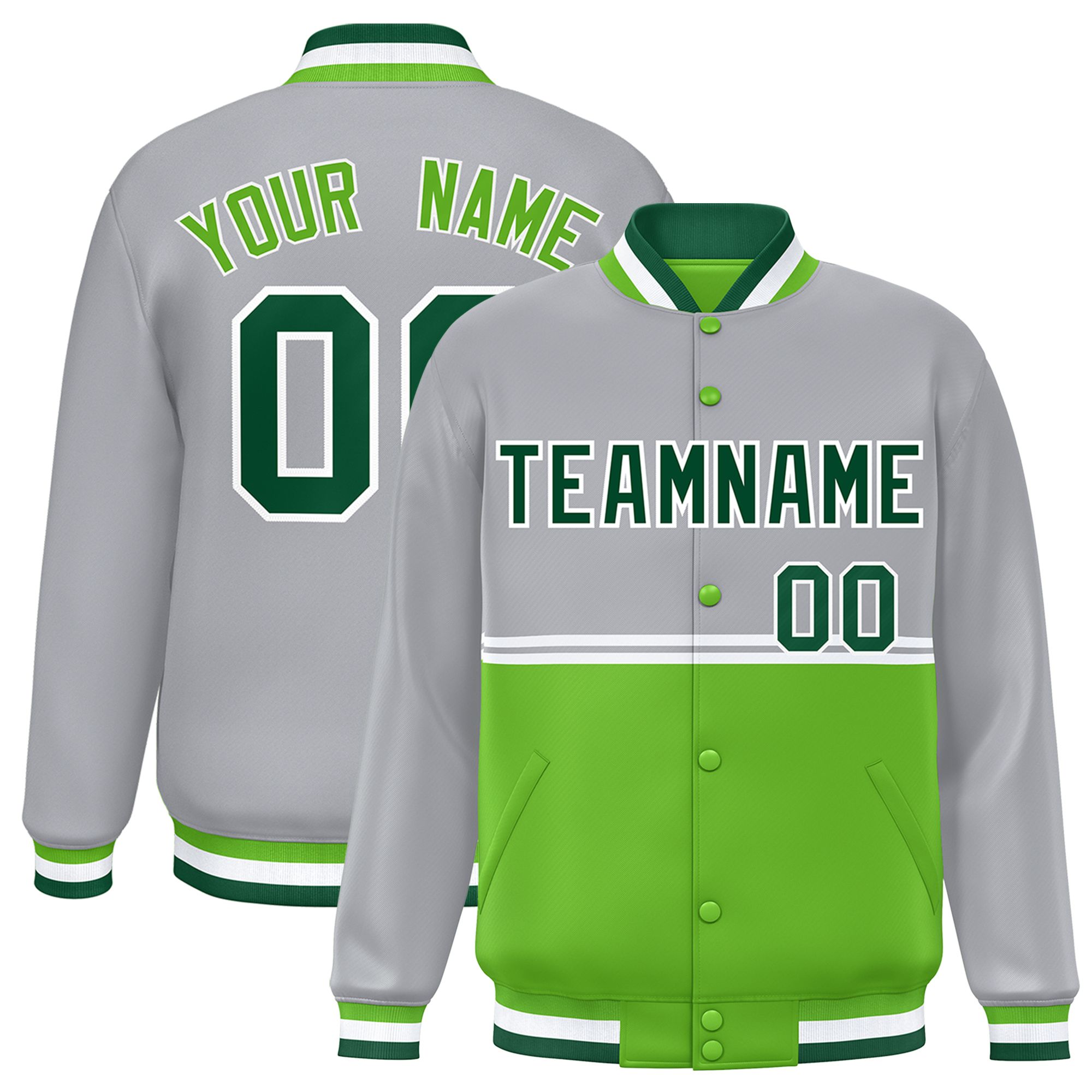 Custom Gray Green Varsity Full-Snap Color Block Letterman Jacket