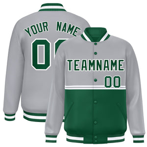 Custom Gray Green Varsity Full-Snap Color Block Letterman Jacket