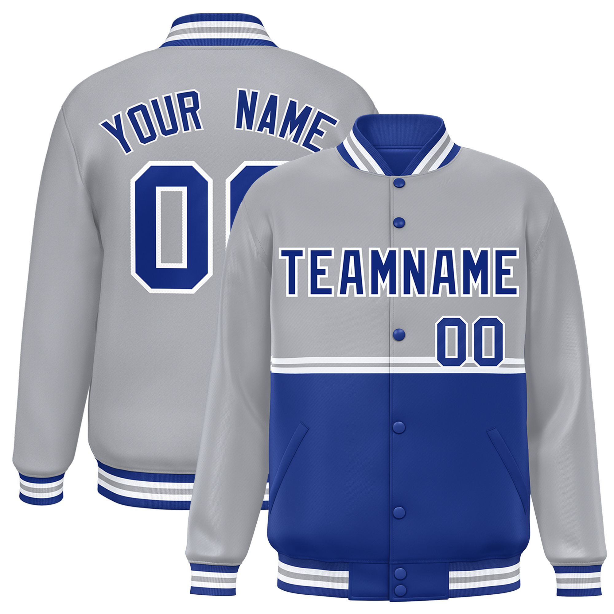 Custom Gray Royal Varsity Full-Snap Color Block Letterman Jacket