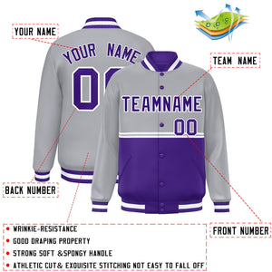 Custom Gray Purple Varsity Full-Snap Color Block Letterman Jacket