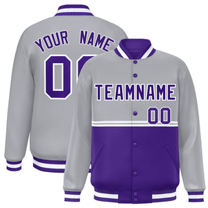 Custom Gray Purple Varsity Full-Snap Color Block Letterman Jacket