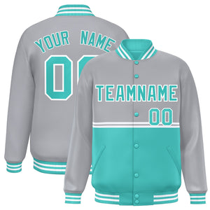 Custom Gray Bright Green Varsity Full-Snap Color Block Letterman Jacket