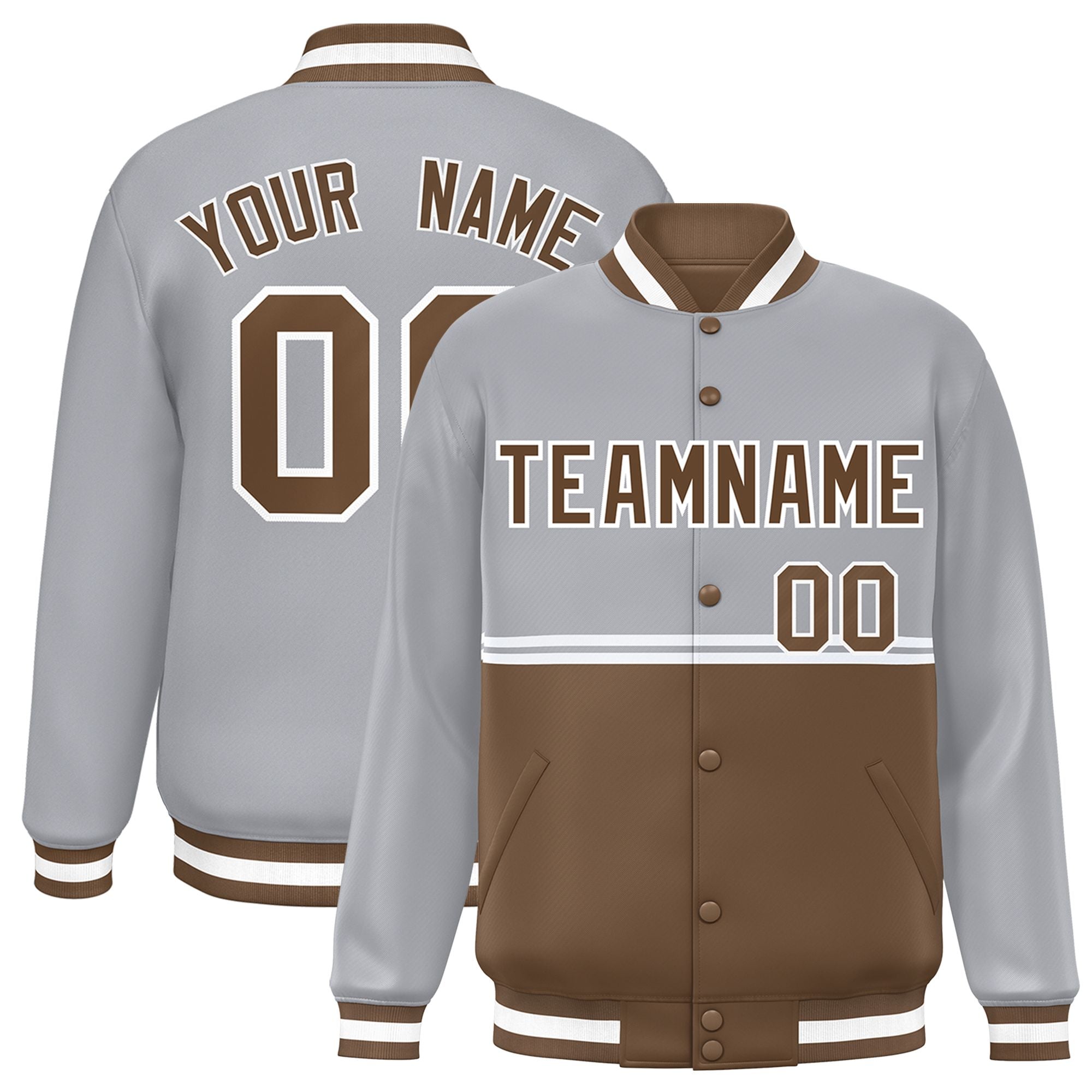 Custom Gray Light Brown Varsity Full-Snap Color Block Letterman Jacket