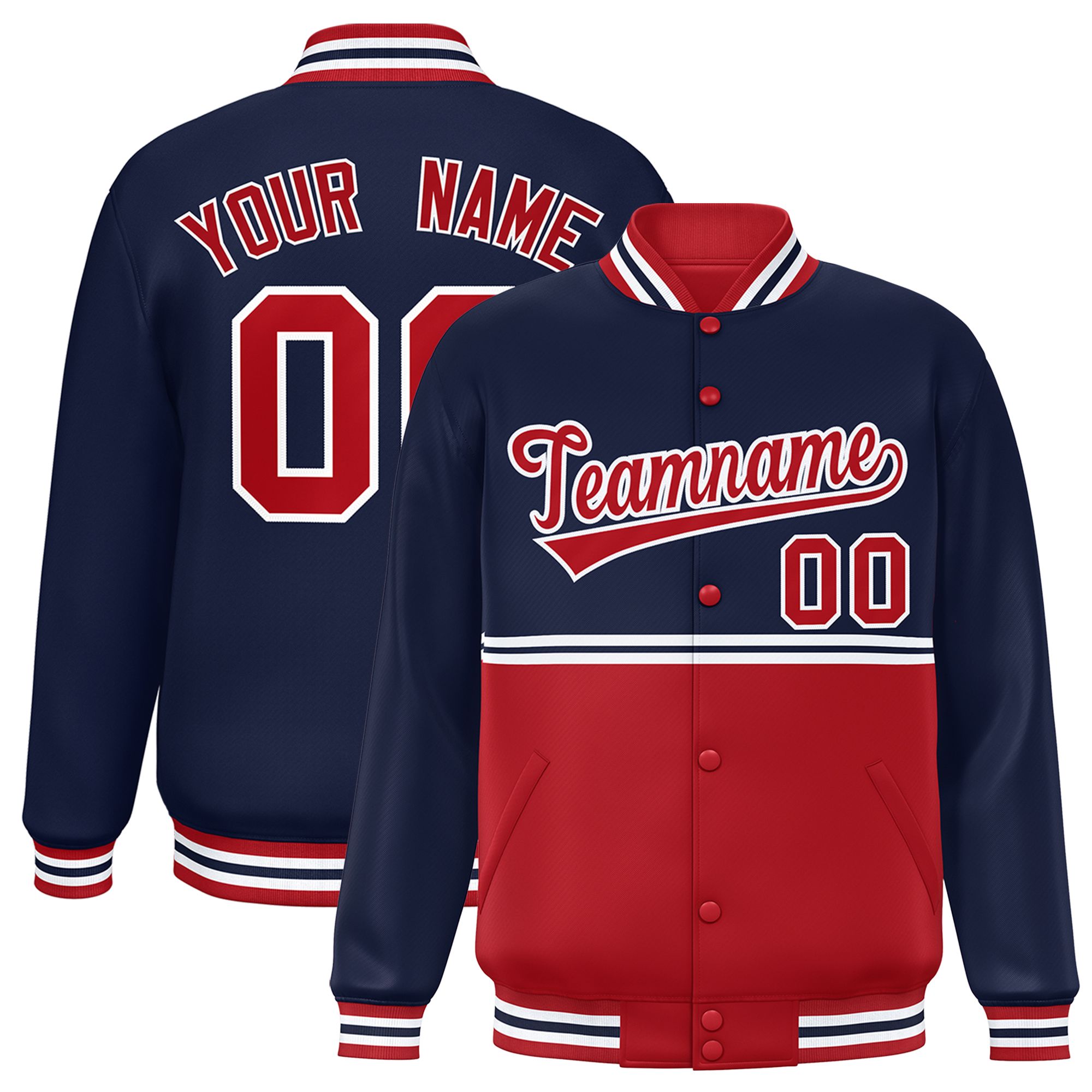 Custom Navy Red Varsity Full-Snap Color Block Letterman Jacket