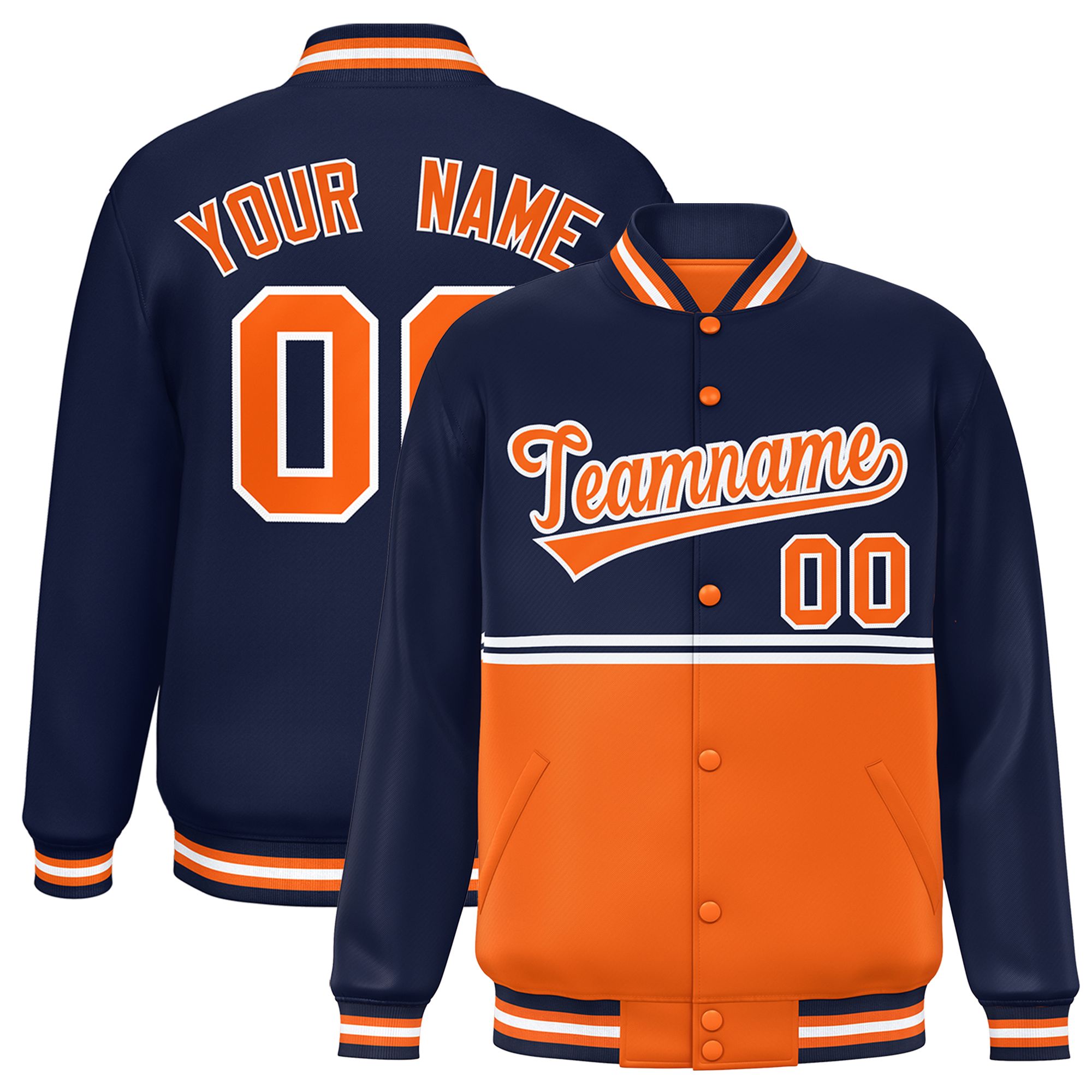 Custom Navy Orange Varsity Full-Snap Color Block Letterman Jacket